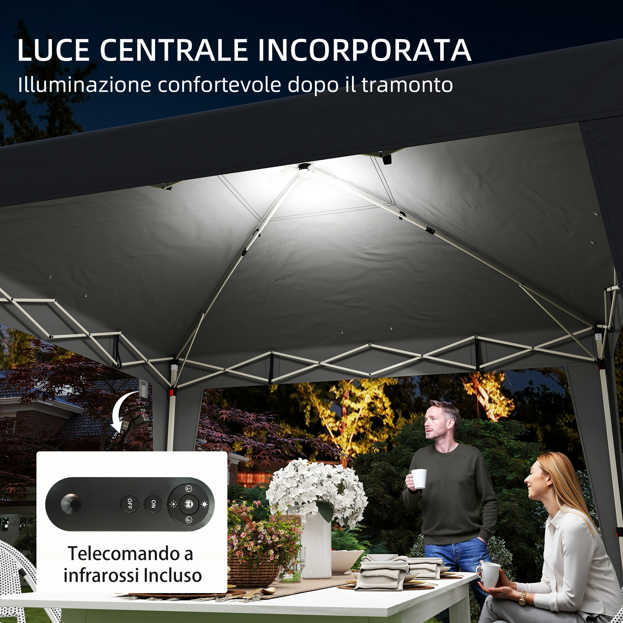Coppia beve caffè sotto gazebo illuminato, con telecomando mostrato.