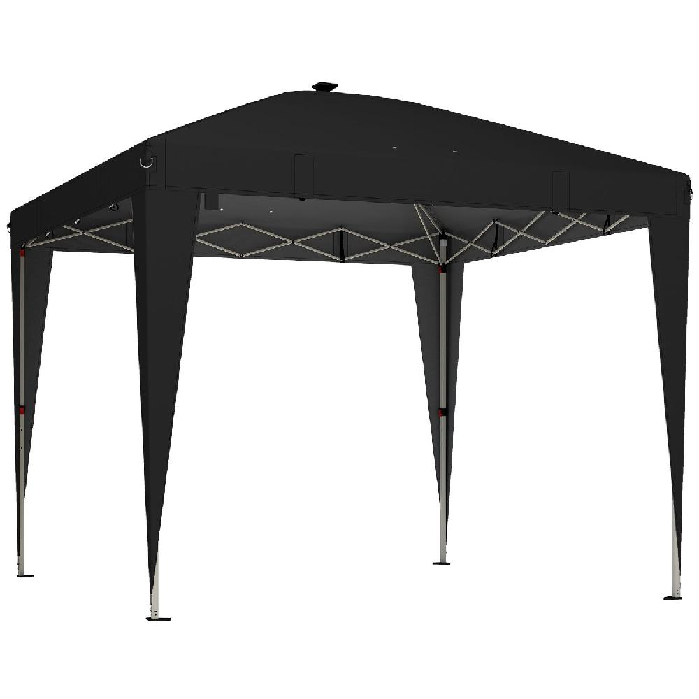 Una tenda pop-up nera con gambe in metallo e tetto bianco su sfondo bianco.