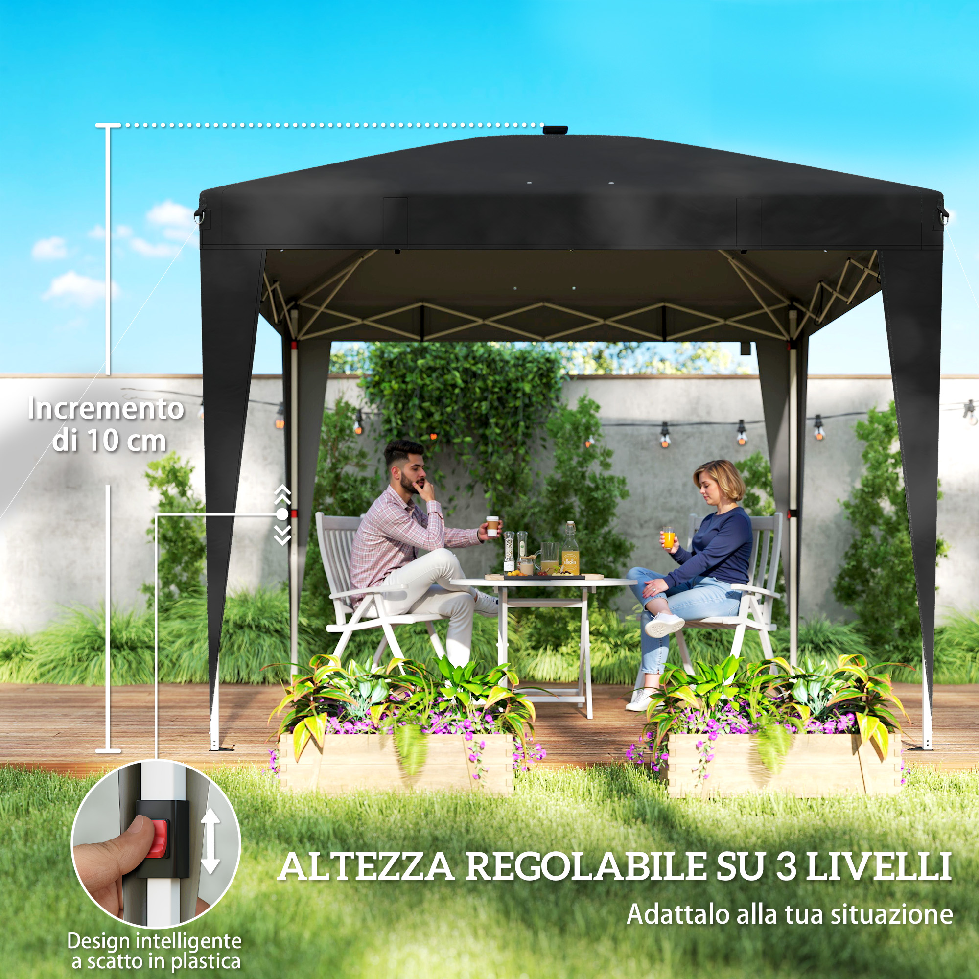 Coppia seduta sotto gazebo nero. Altezza regolabile mostrata.