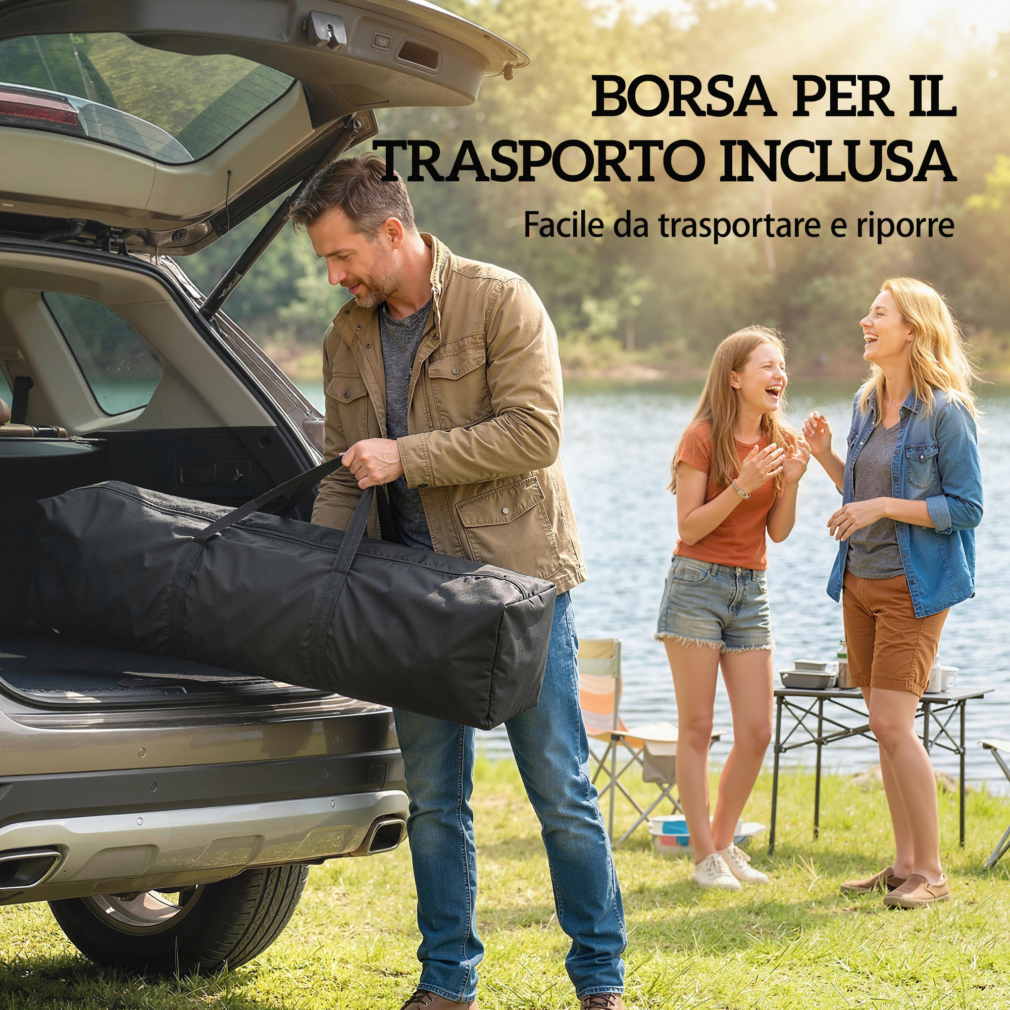 Uomo carica borsa nera in auto. Donna e ragazza ridono in riva al lago.