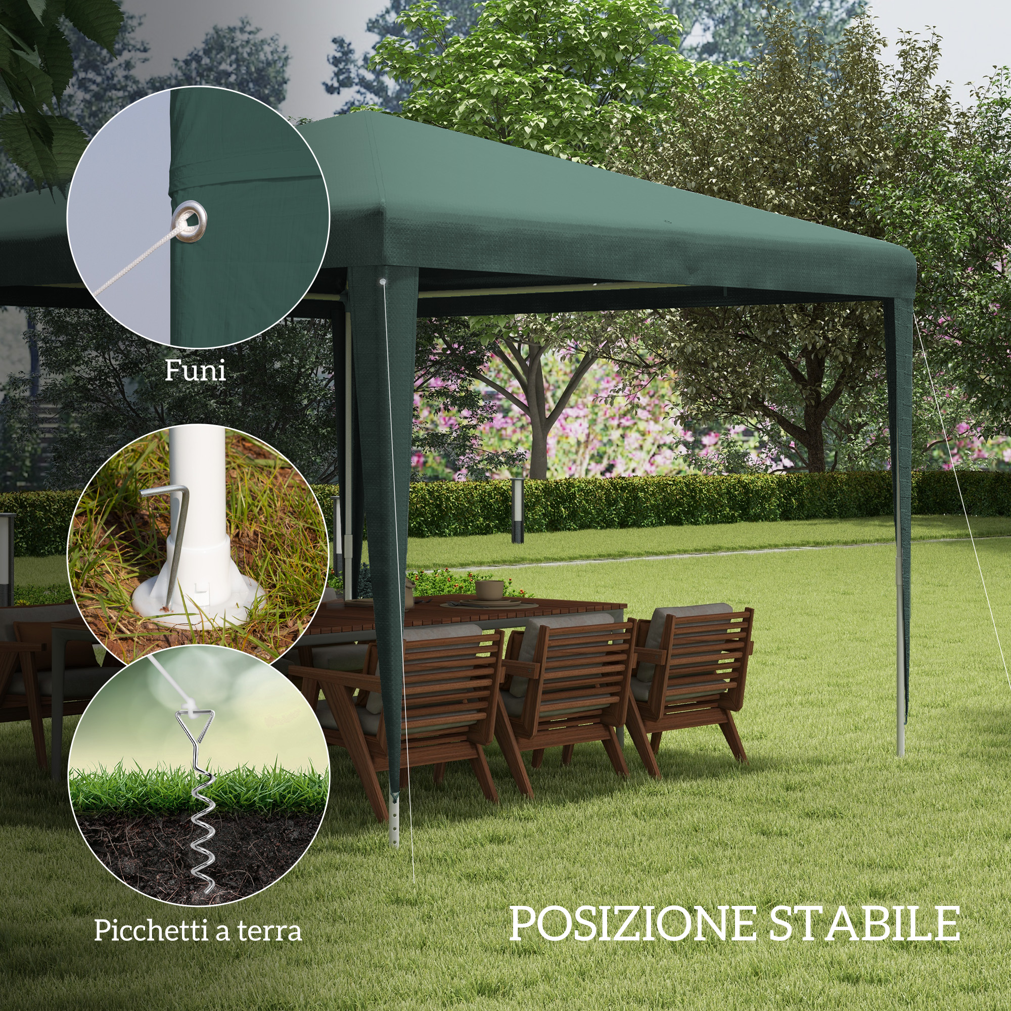Tenda verde con tavolo e sedie in giardino, primi piani delle finiture.