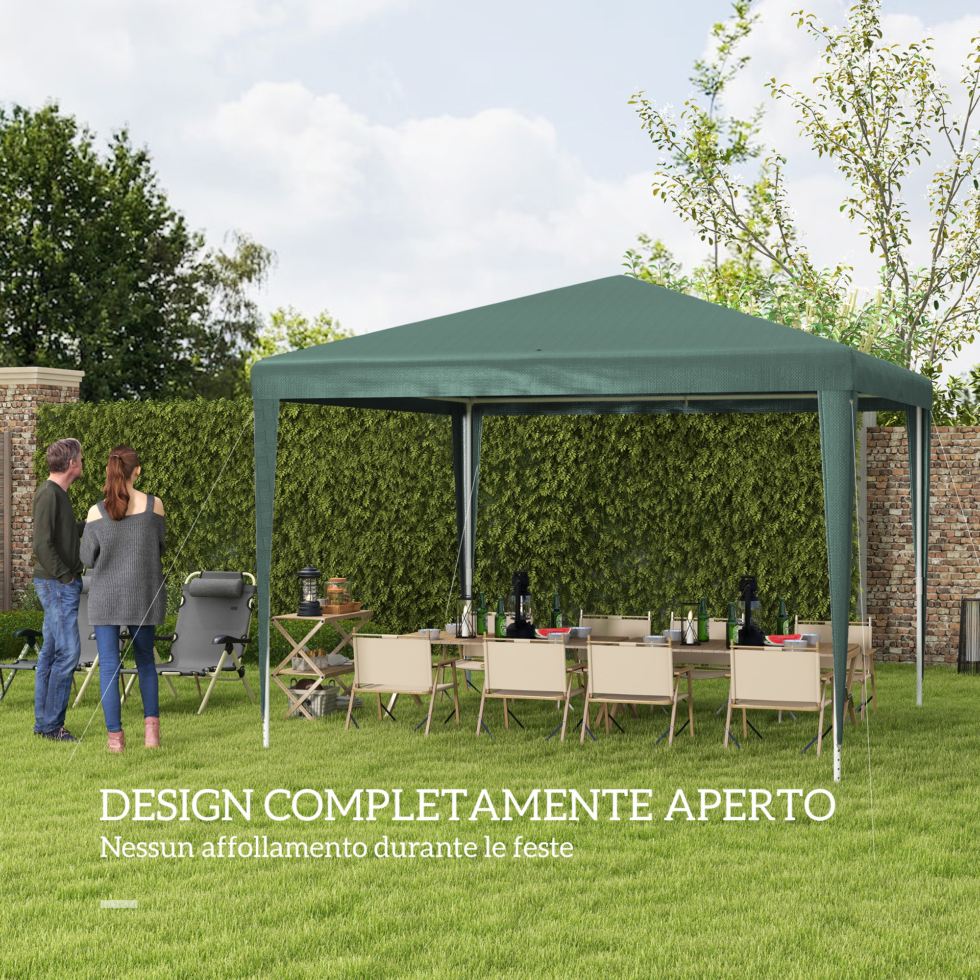 Gazebo verde con tavolo, sedie e due persone in giardino.