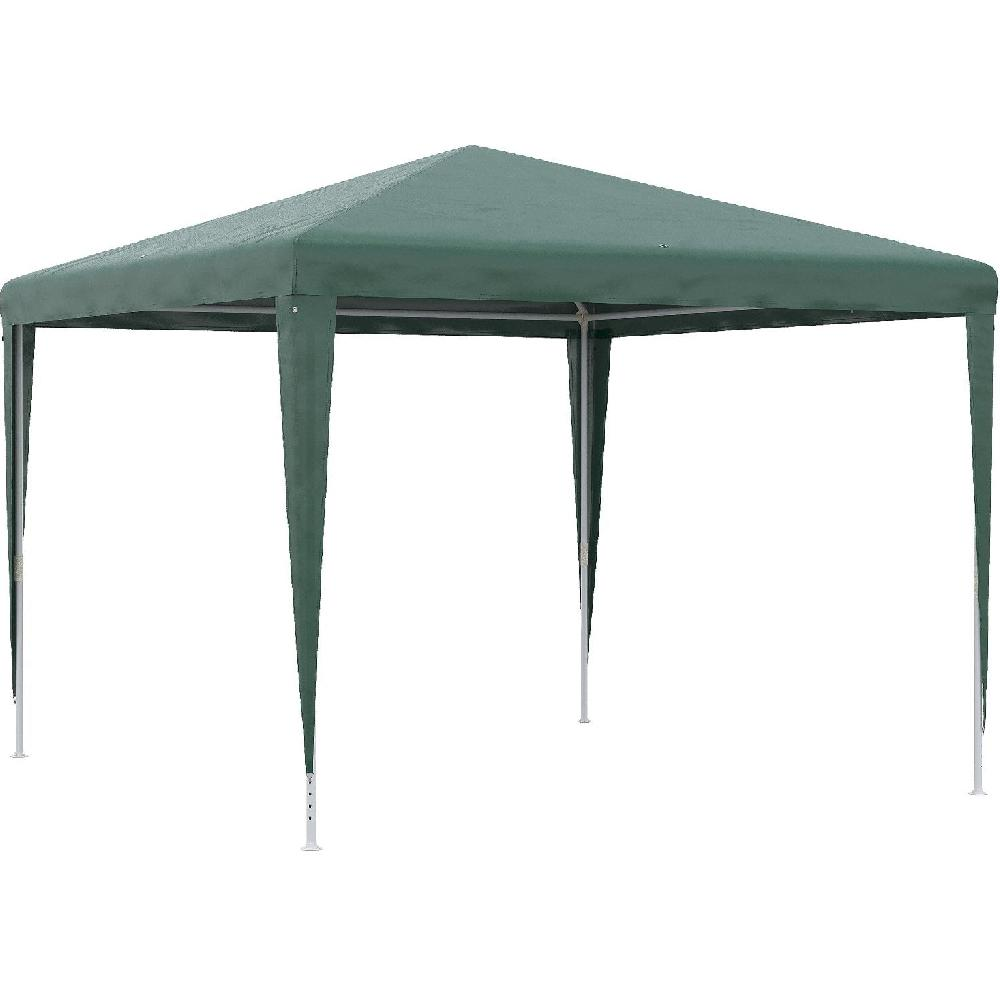Una tenda a baldacchino verde scuro con tetto spiovente e quattro gambe bianche, su sfondo bianco.