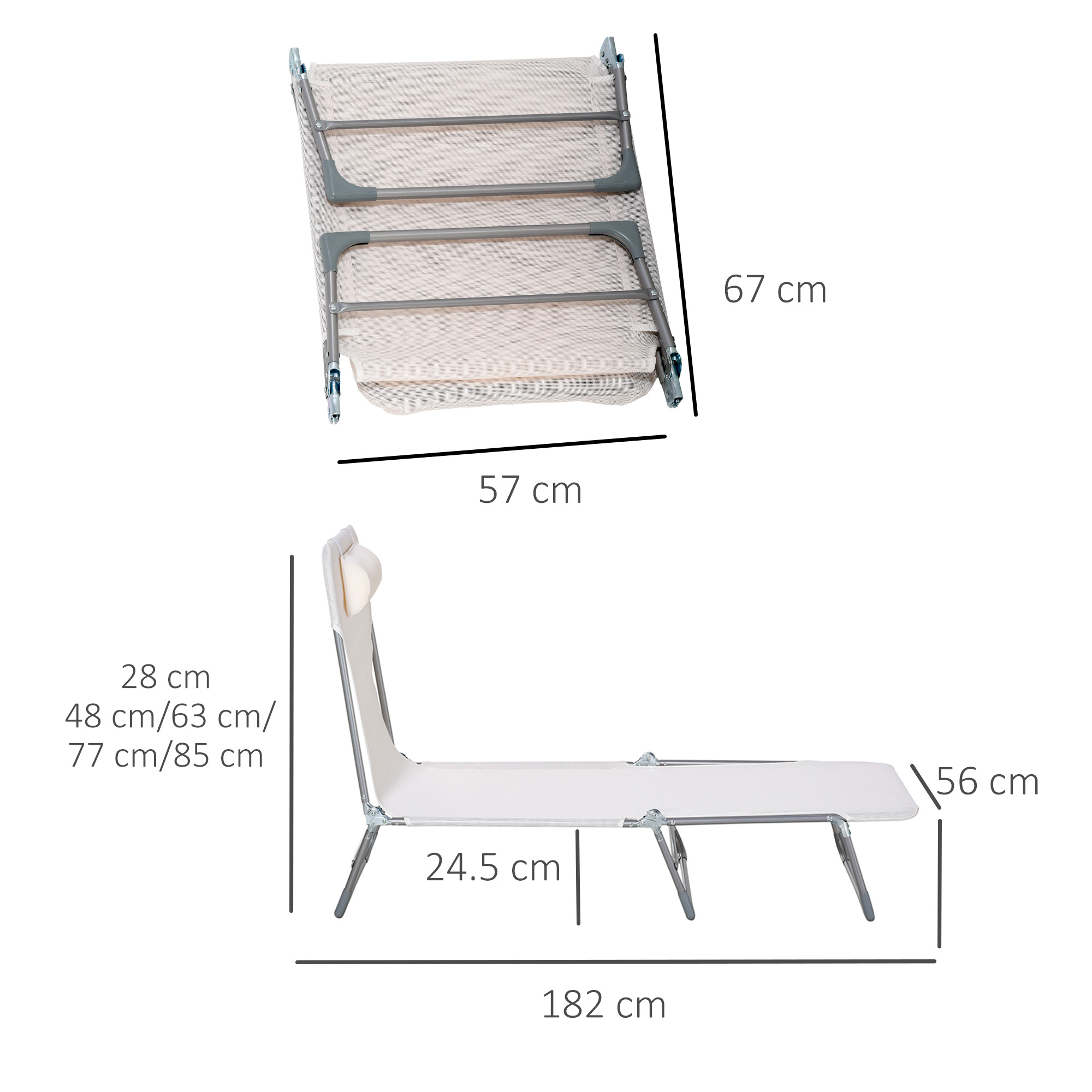 Un lettino piegato e spiegato con dimensioni. Piegato: 57x67cm. Spiegato: 182x56cm.