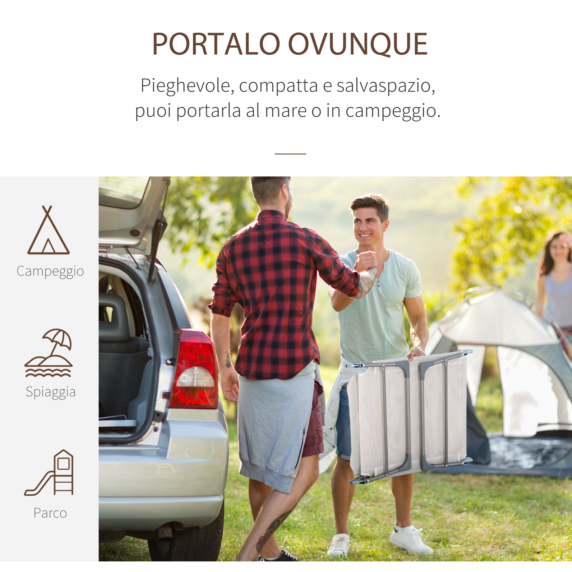 Due uomini si stringono la mano davanti a un'auto e una tenda all'aperto.