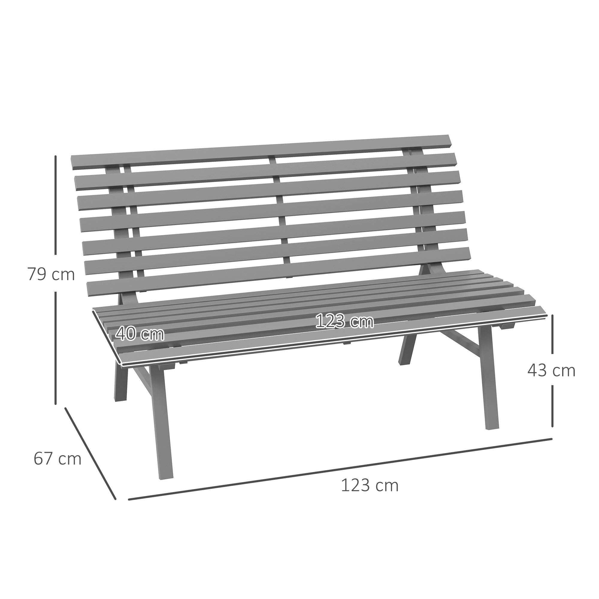 Panca in legno grigio con dimensioni: 79cm altezza, 40cm profondità, 123cm larghezza.