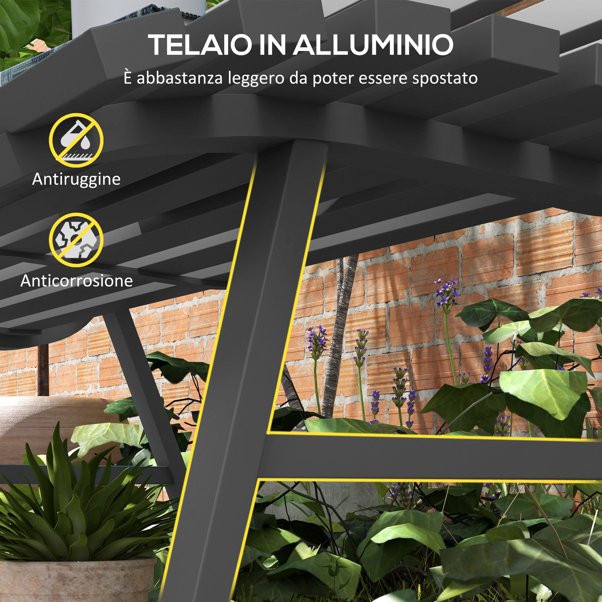 Telaio in alluminio grigio scuro con accenti gialli su muro di mattoni e piante.