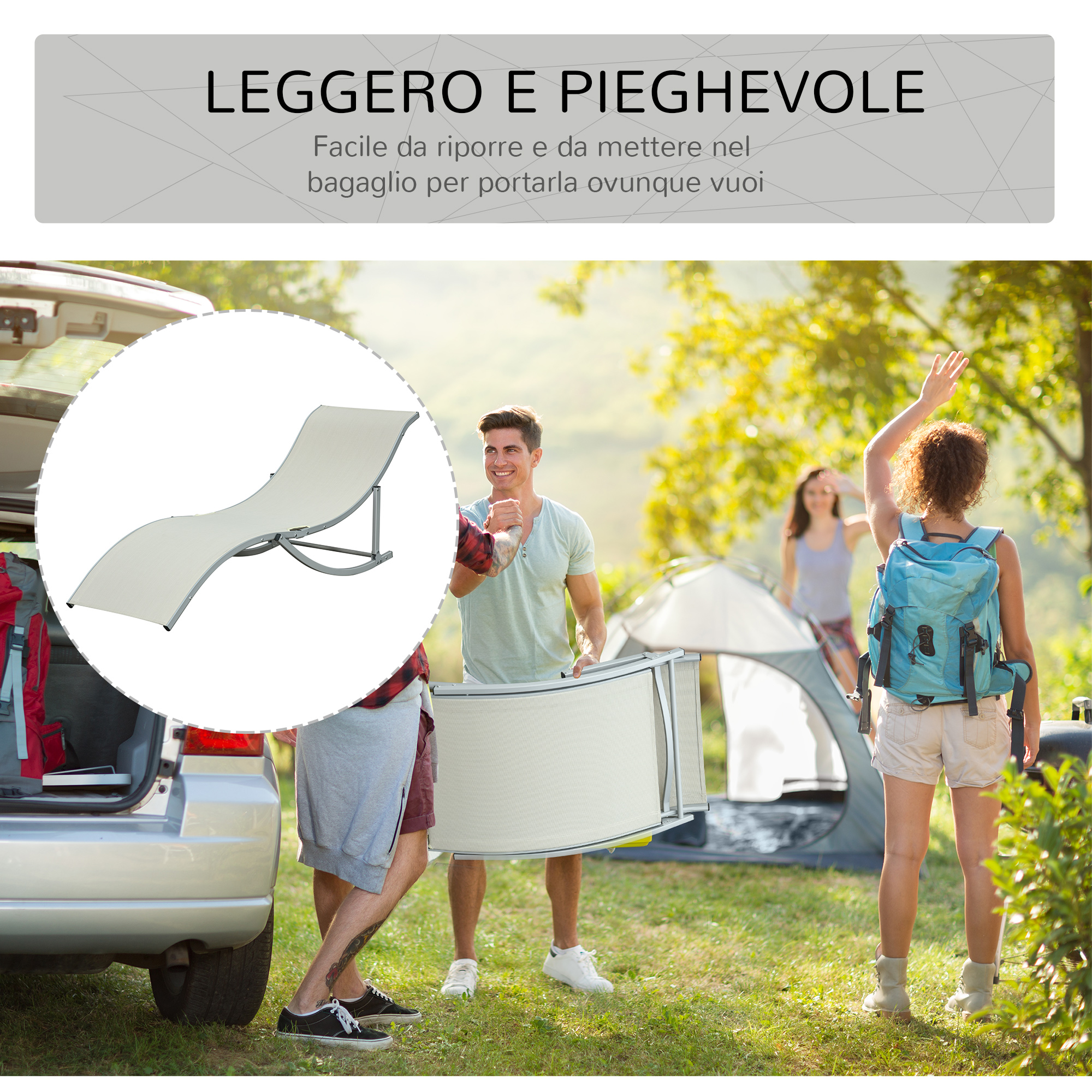 Due uomini trasportano una sdraio leggera e pieghevole da un'auto. Una tenda sullo sfondo.
