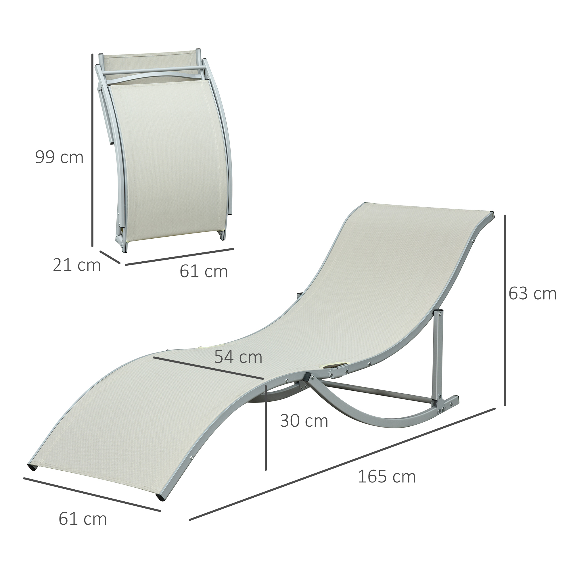 Un lettino beige chiaro con telaio in metallo, dimensioni indicate.