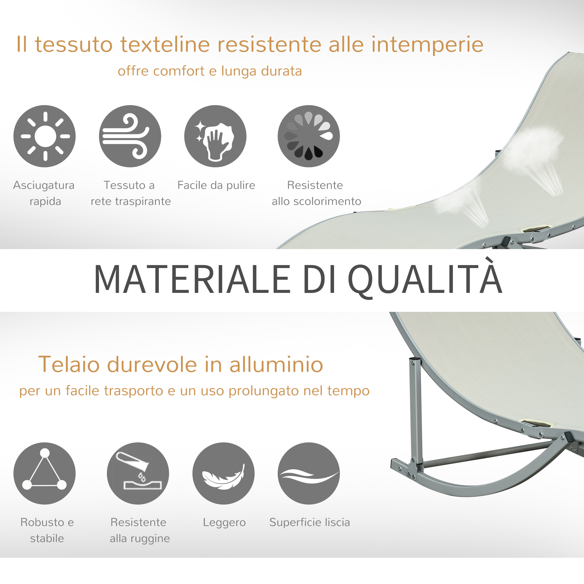 Tessuto texteline: resistente intemperie, asciugatura rapida, traspirante, facile pulizia.