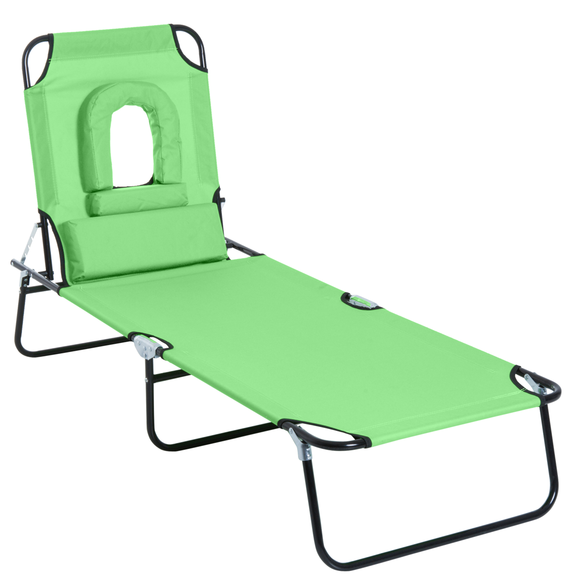 Una sdraio verde chiaro con schienale regolabile e cuscino per la testa.