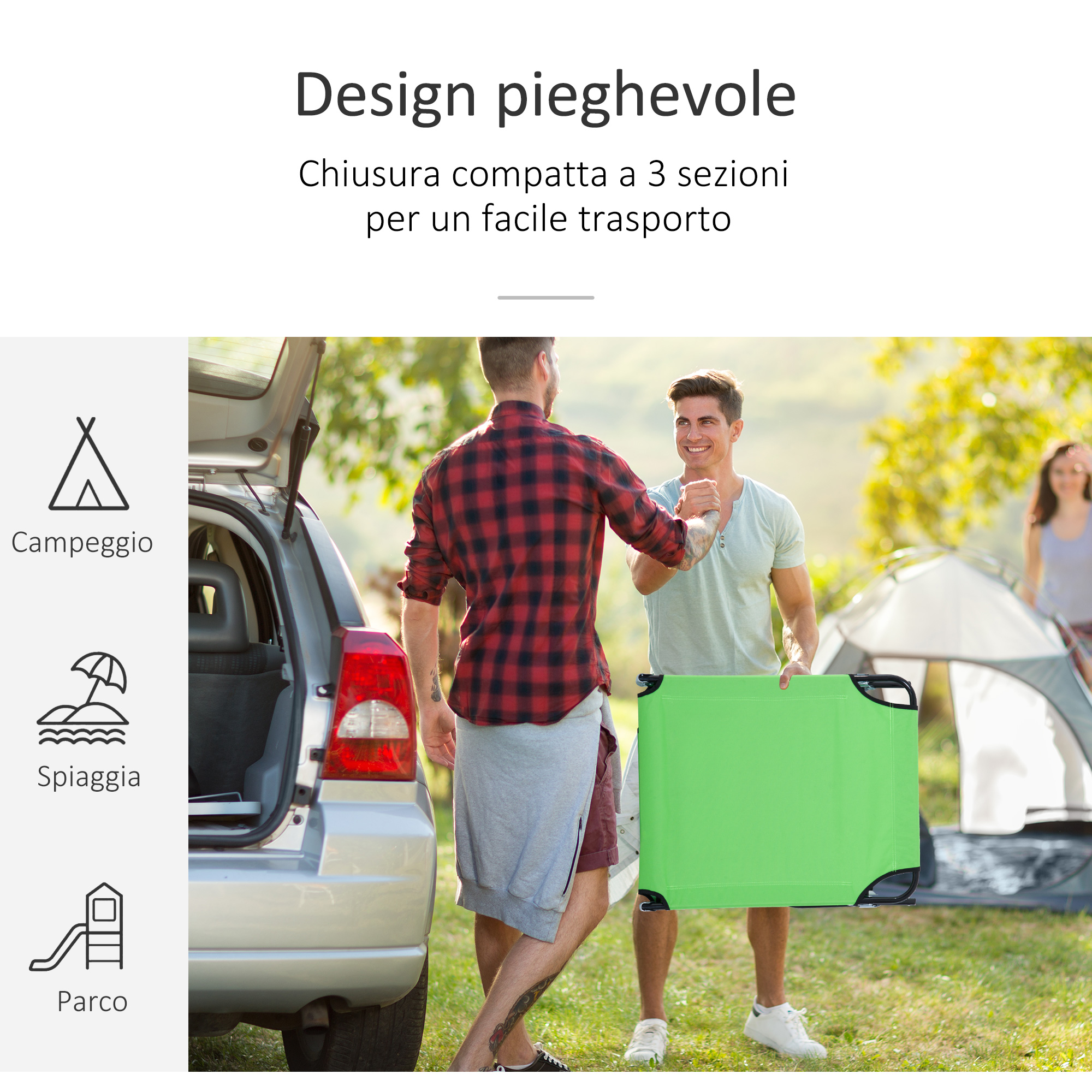 Due uomini si stringono la mano vicino a un'auto. Uno tiene una lettiga verde.