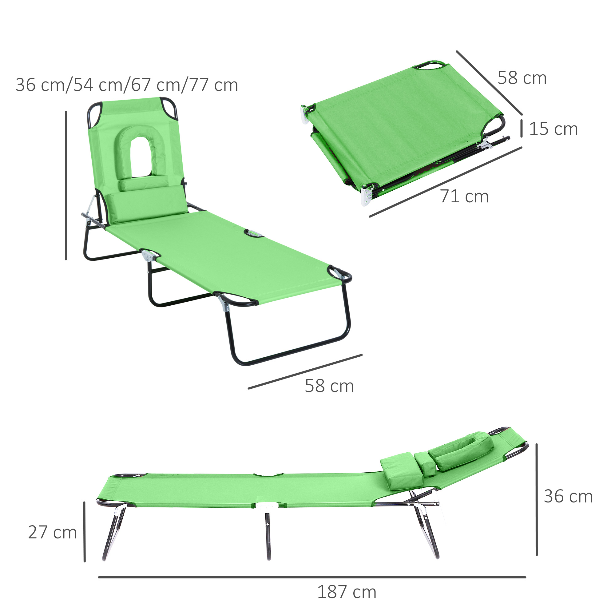 Sdraio verde con cuscino e dimensioni. Mostra varie viste e misure.