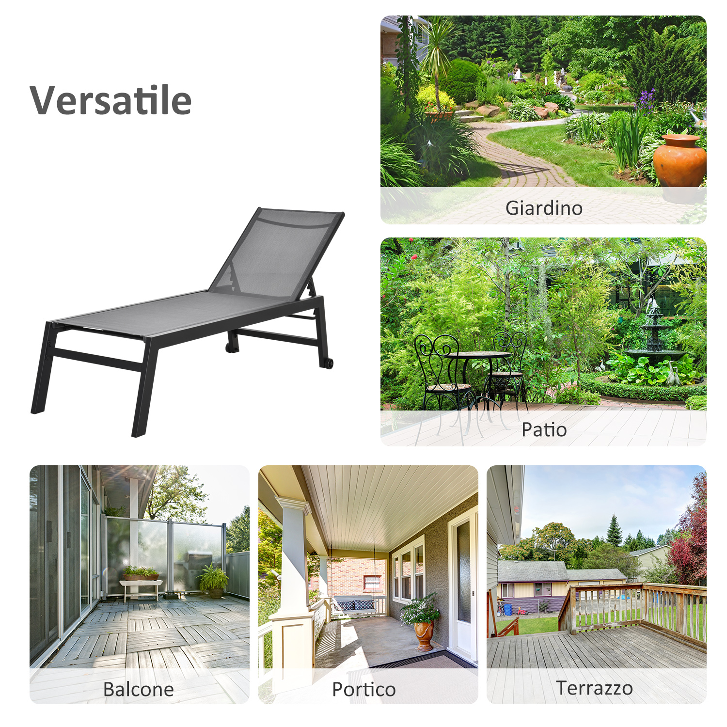 Una sedia a sdraio grigia è mostrata davanti a un collage di scene di giardino, patio e balcone.