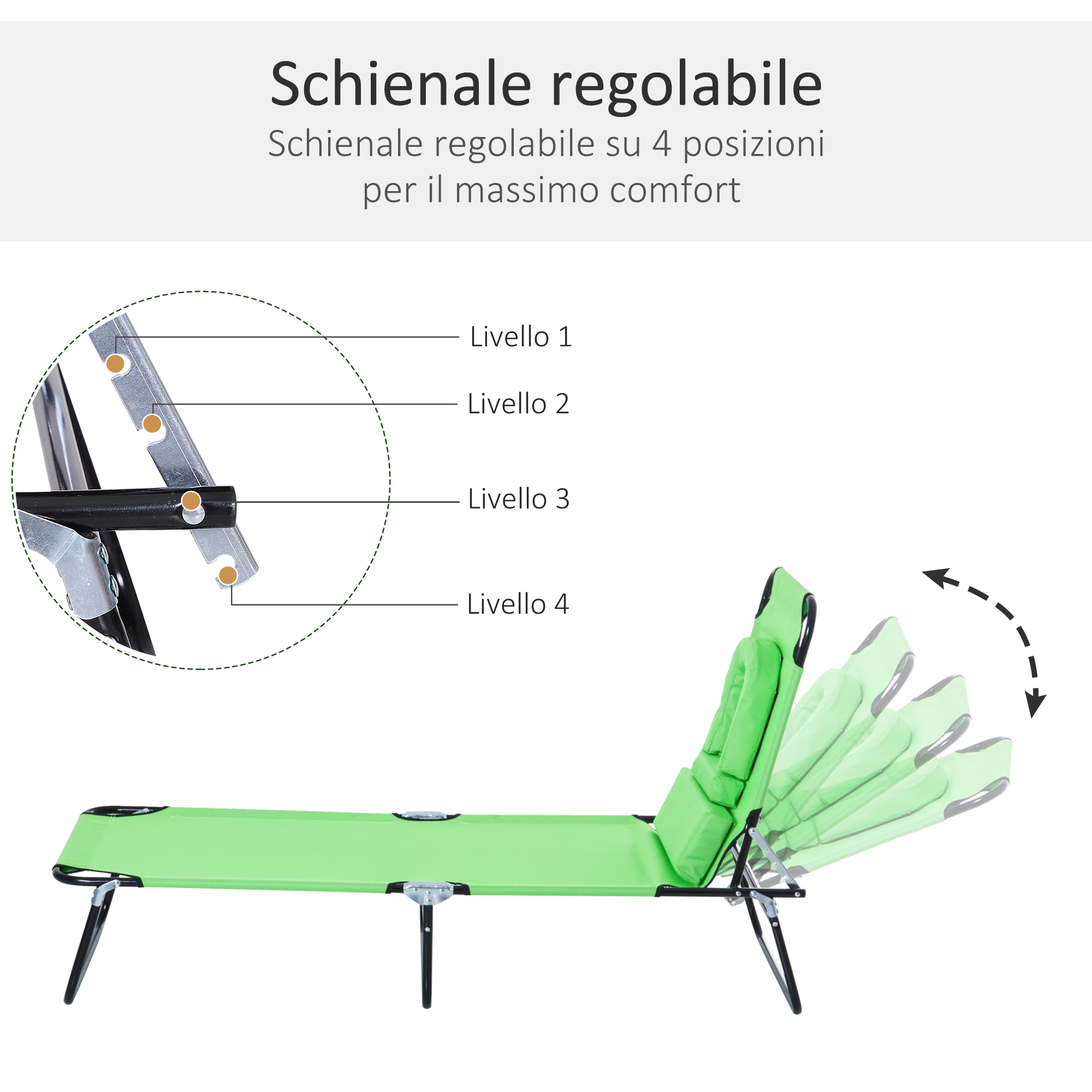 Viene mostrata una sdraio verde regolabile su 4 posizioni.