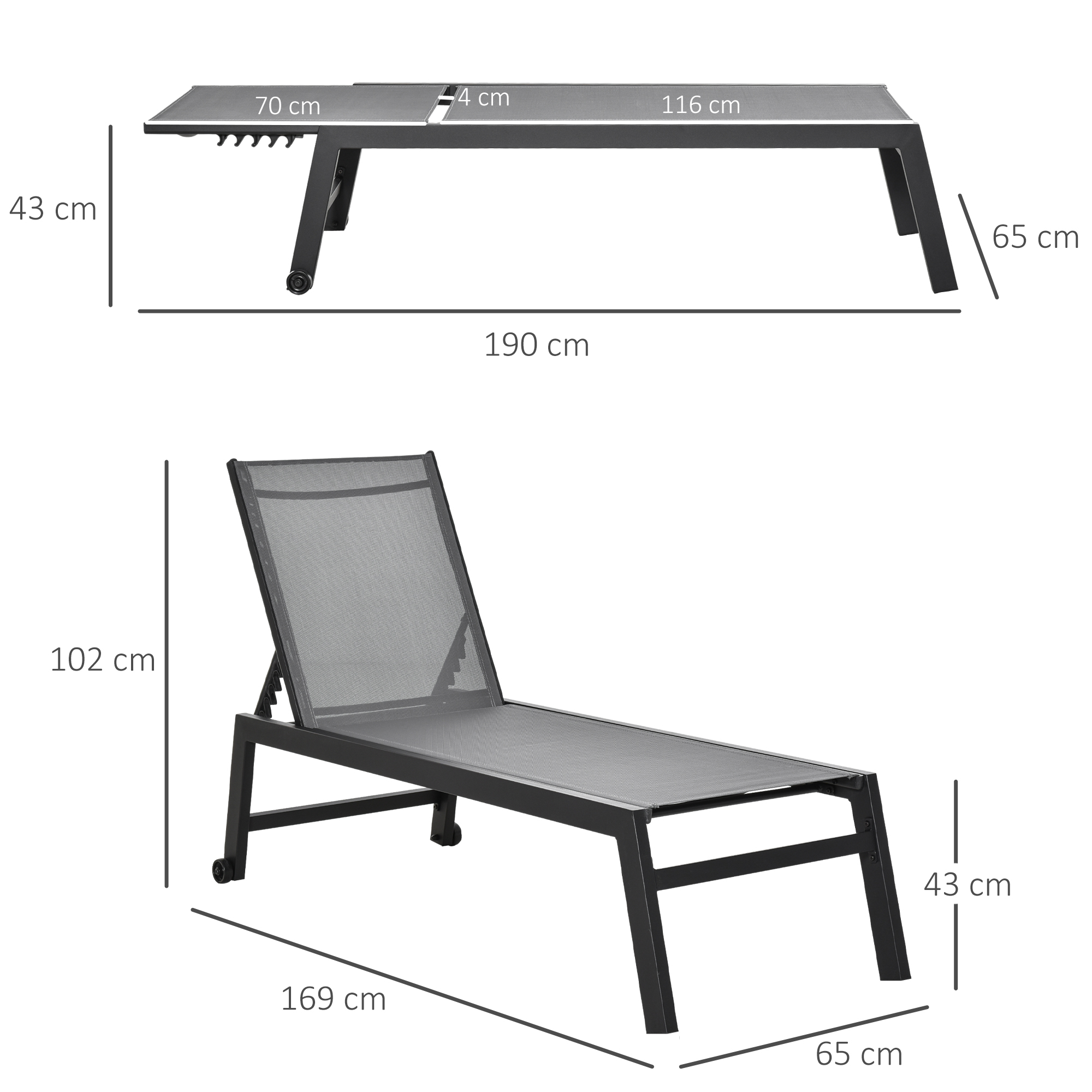 Sopra: tavolo lungo 190 cm, alto 43 cm. Sotto: lettino lungo 169 cm, alto 102 cm.