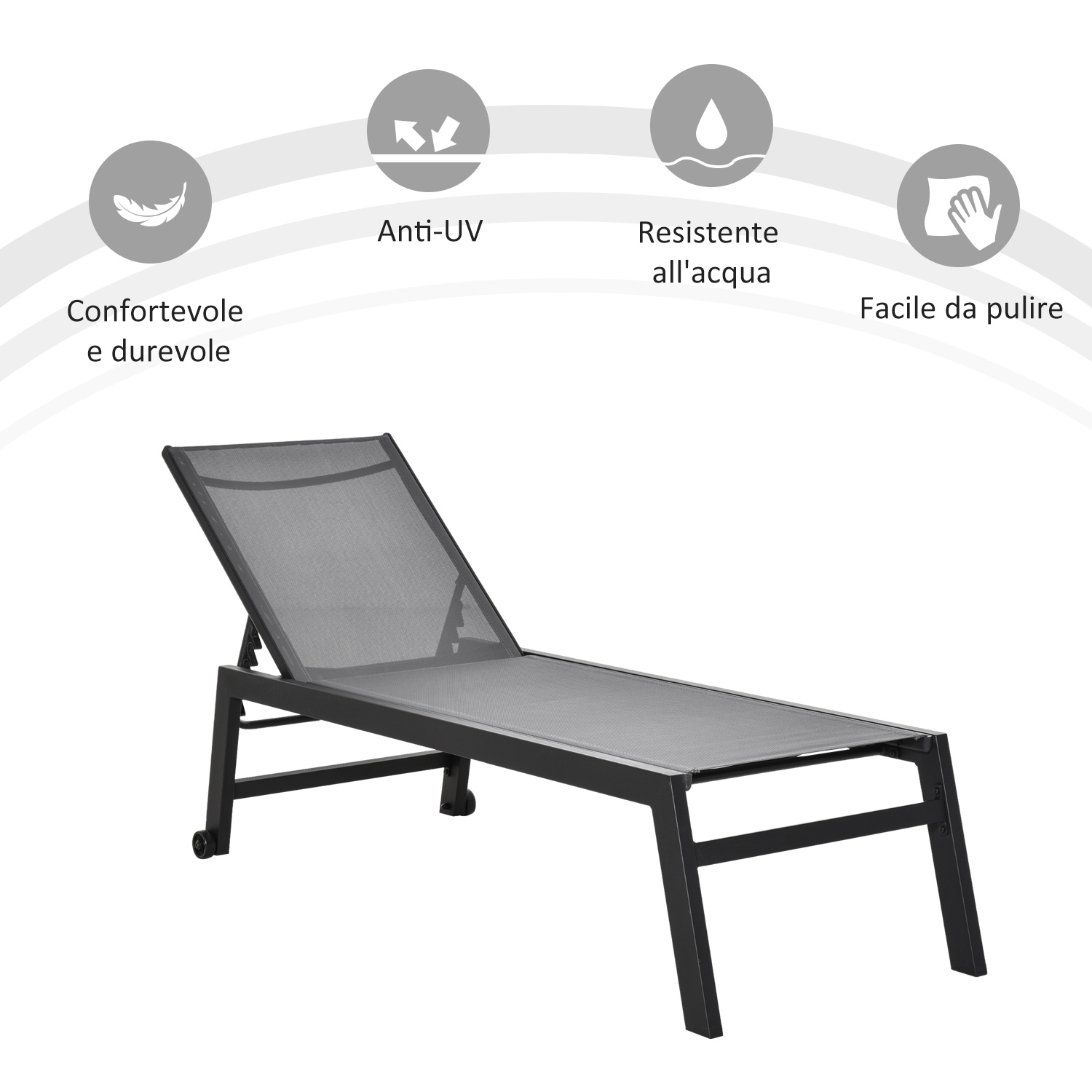Sdraio grigio con telaio nero su sfondo bianco. Icone per comfort, protezione UV, resistenza all'acqua.