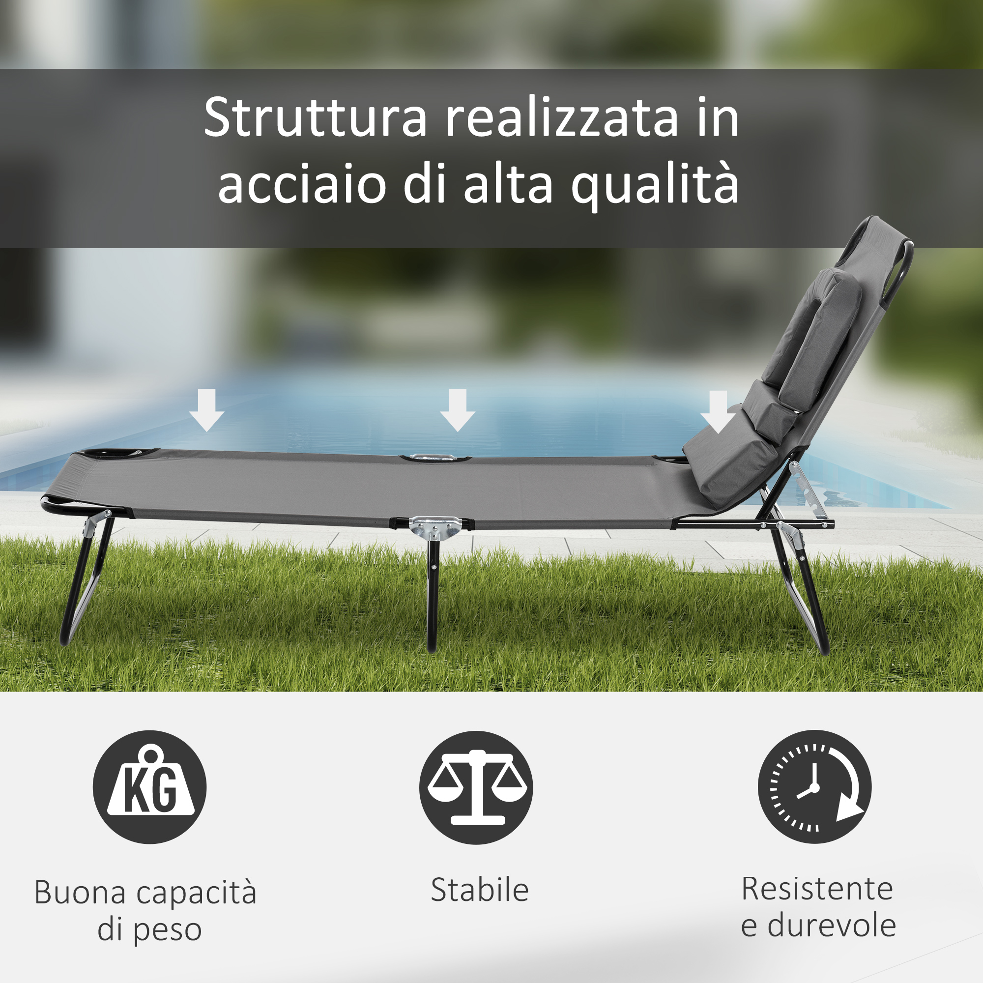 Sdraio grigio vicino a piscina su erba. Struttura in acciaio di alta qualità.