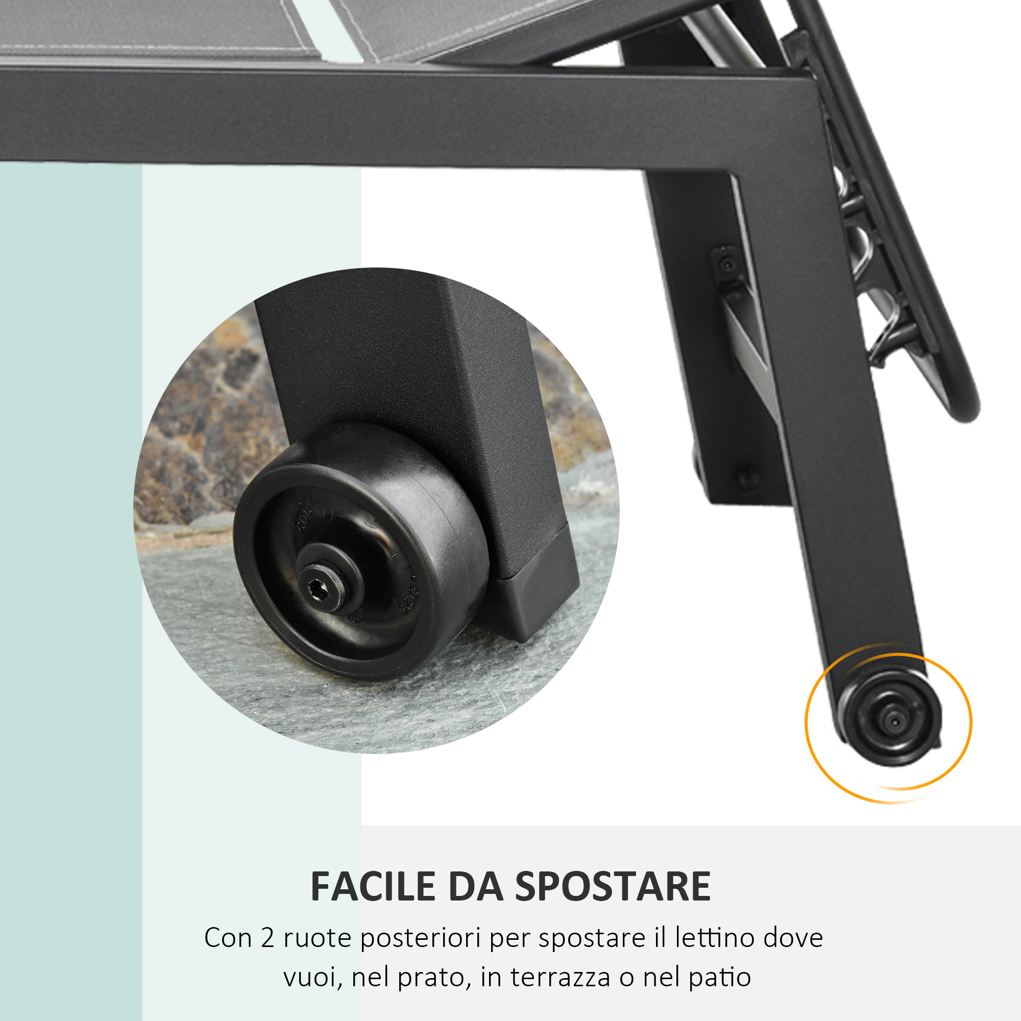 Struttura nera lettino con ruote per spostamento facile.