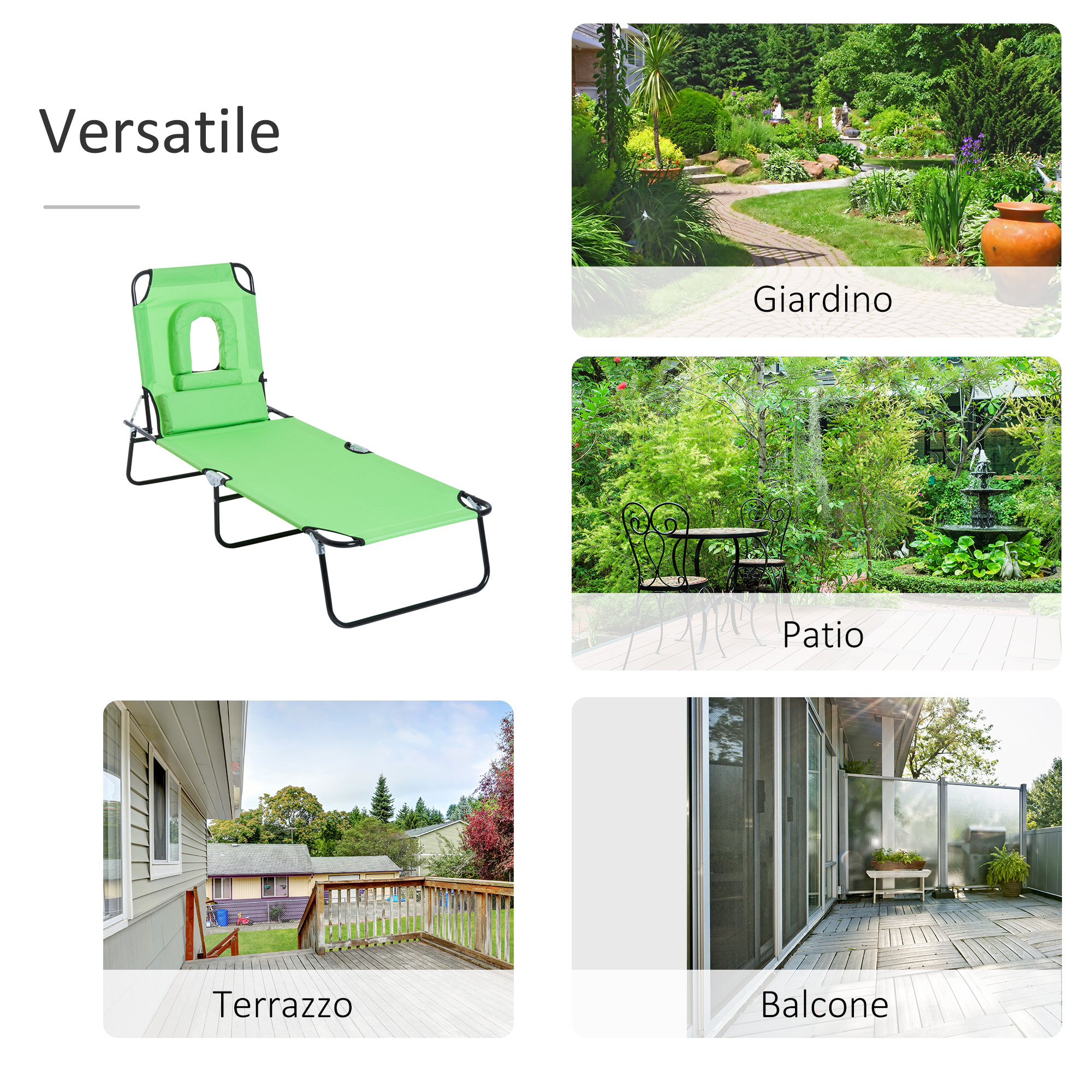 Una sdraio verde con cuscino e poggiatesta è mostrata su sfondo bianco.