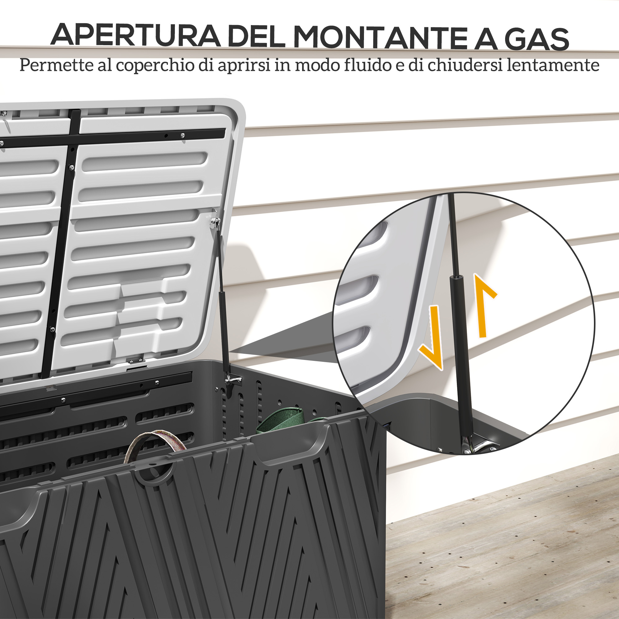 Un contenitore aperto con dettaglio di ammortizzatore a gas. Contenitore grigio scuro, coperchio bianco.