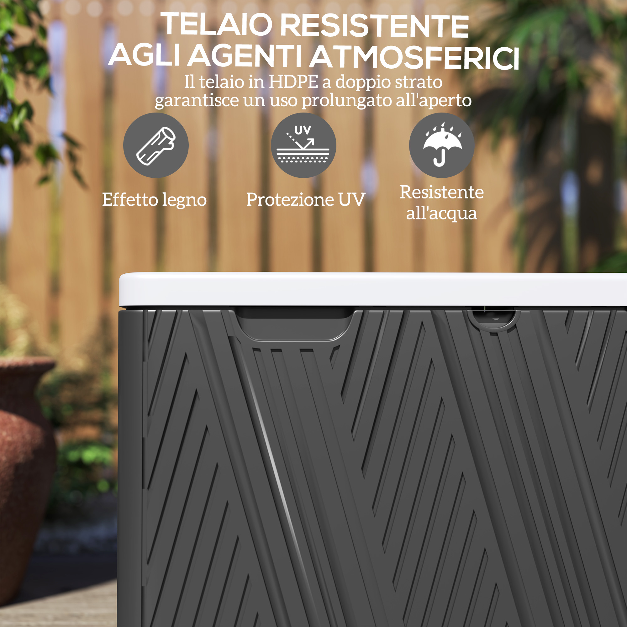 Contenitore grigio con motivi e icone per effetto legno, protezione UV e resistenza all'acqua.