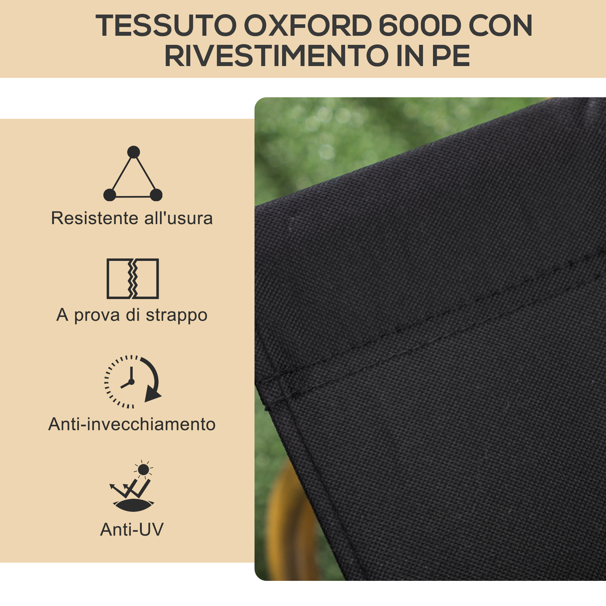 Tessuto Oxford nero con rivestimento PE, resistente usura, strappo, invecchiamento, UV.