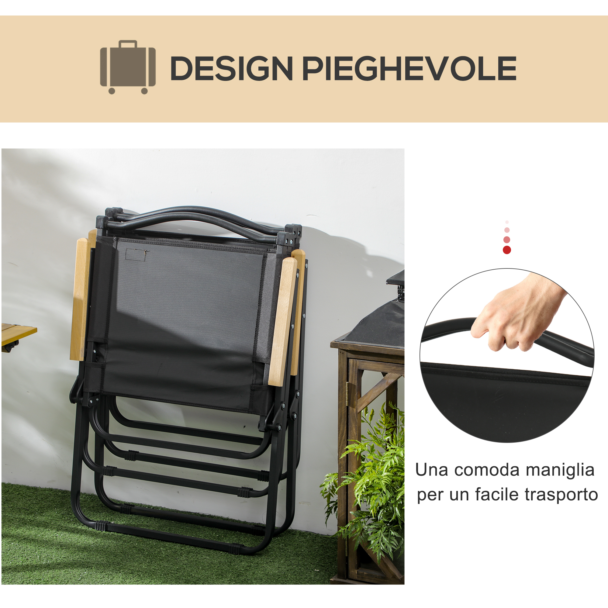 Una sedia pieghevole nera con braccioli in legno su erba sintetica.