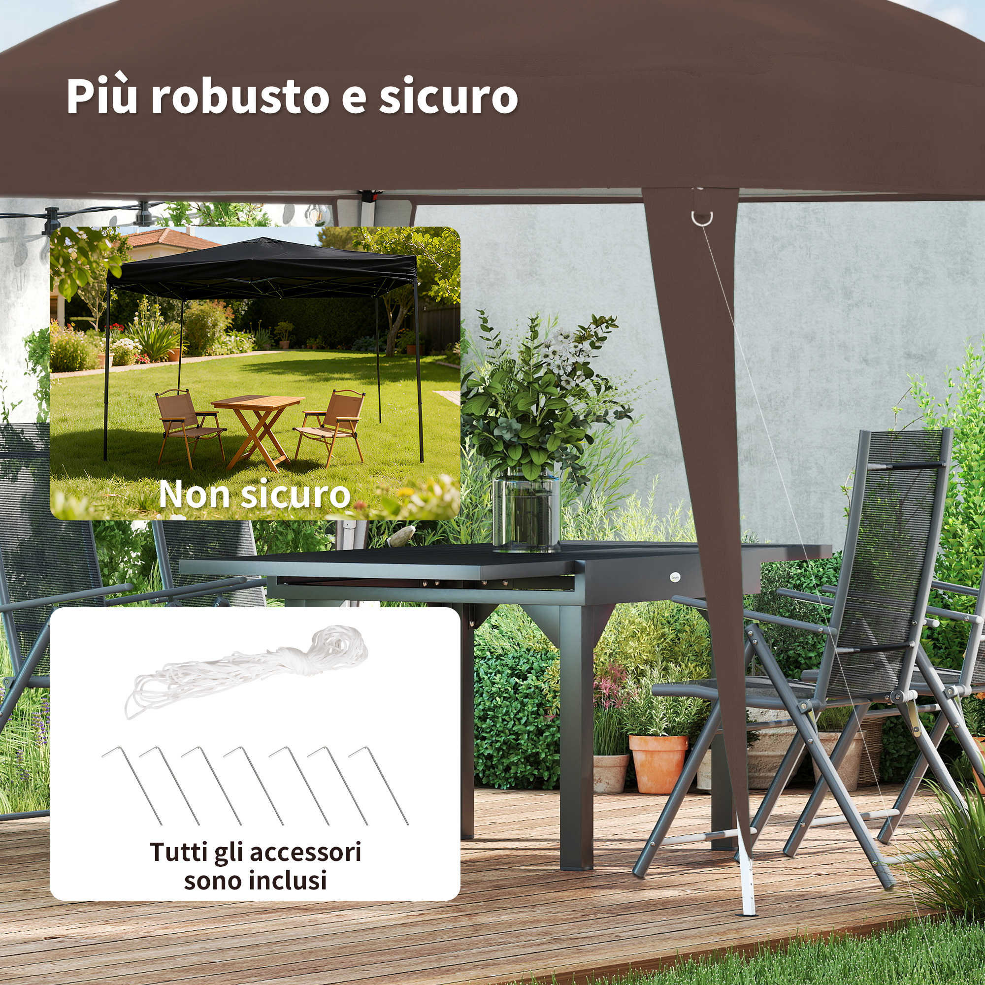 Gazebo marrone con tavolo e sedie, pacco accessori su deck di legno.