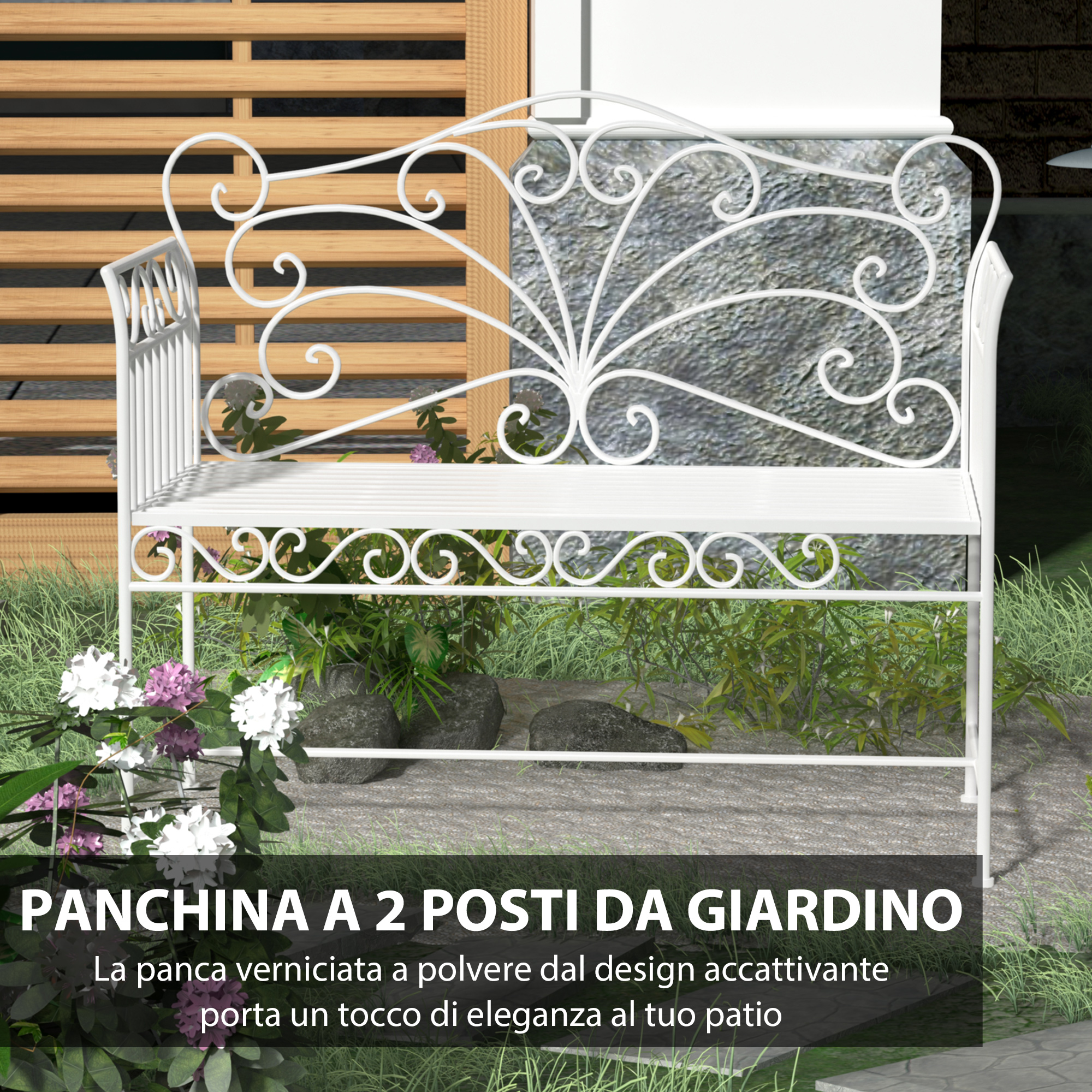 Una panca da giardino bianca con decorazioni a volute si trova all'aperto.