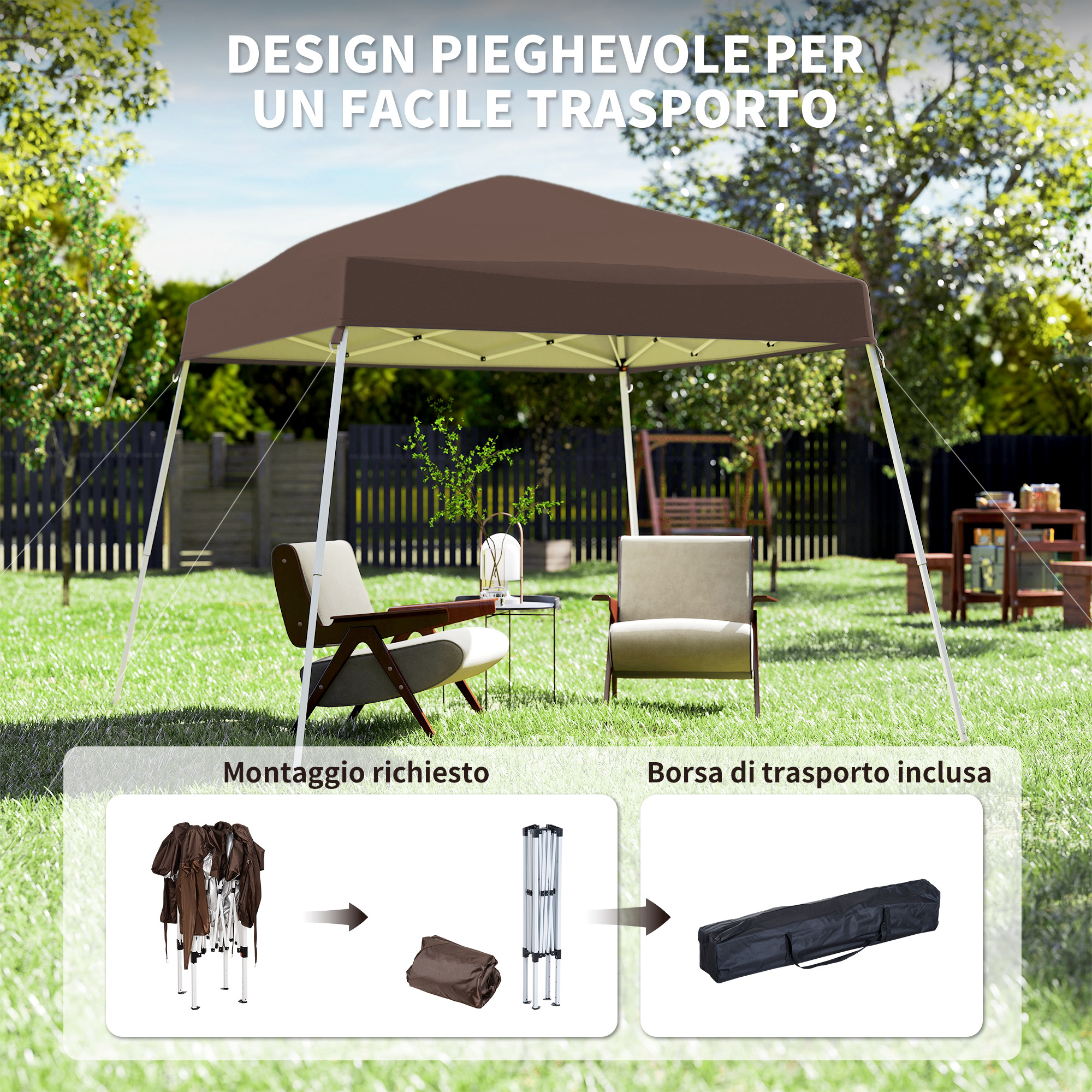 Una tenda marrone pieghevole sta in giardino con due poltrone.
