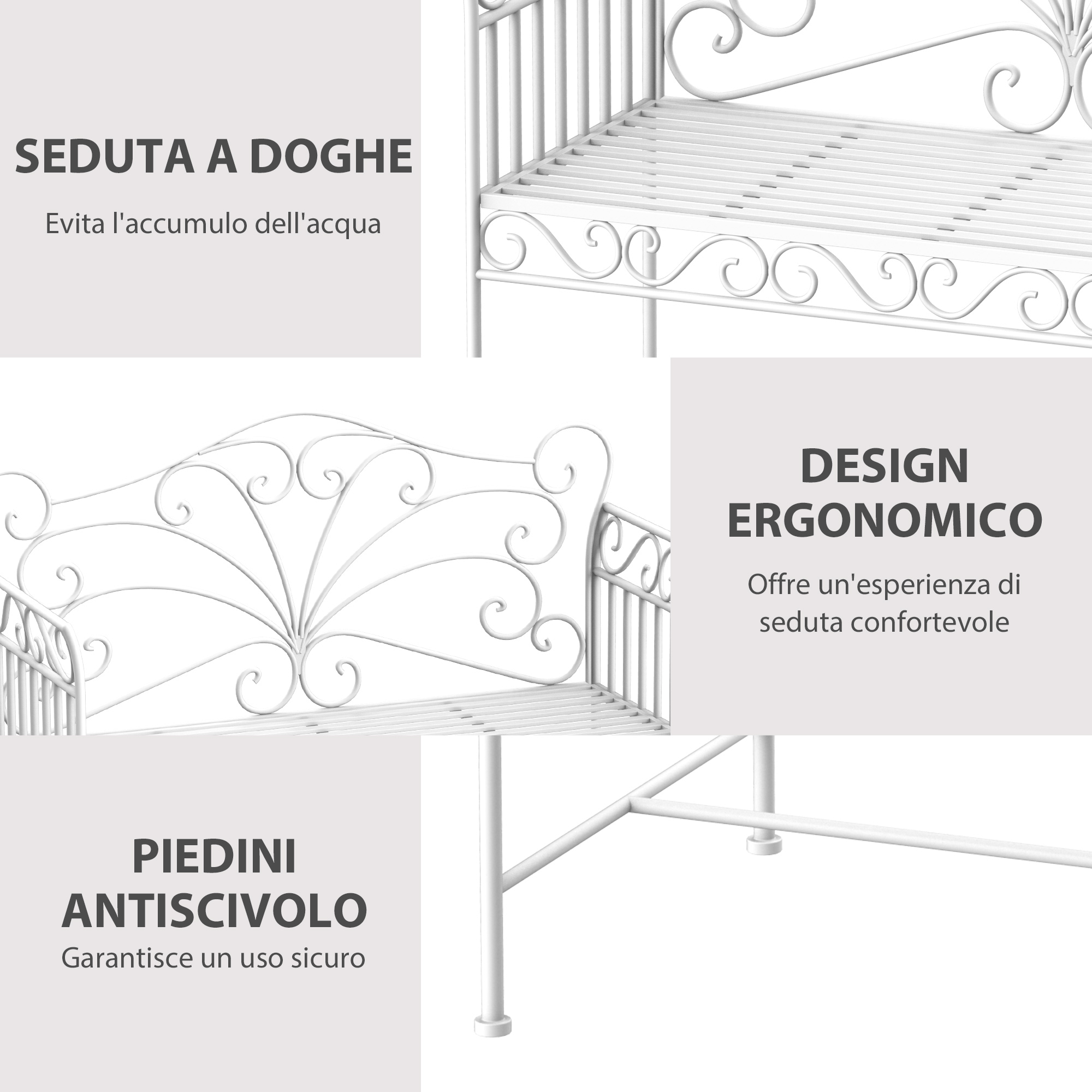 Panca da giardino bianca con seduta a doghe, schienale lavorato e piedini antiscivolo.