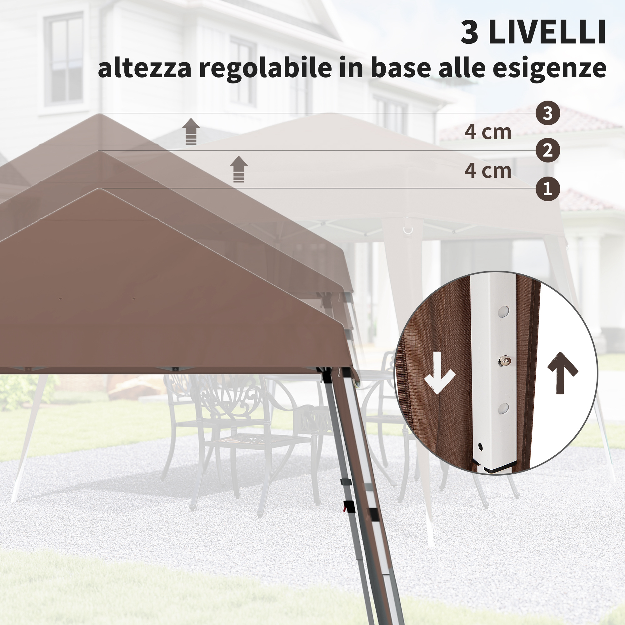 Una tenda marrone con altezza regolabile, 3 livelli, 4 cm per livello.