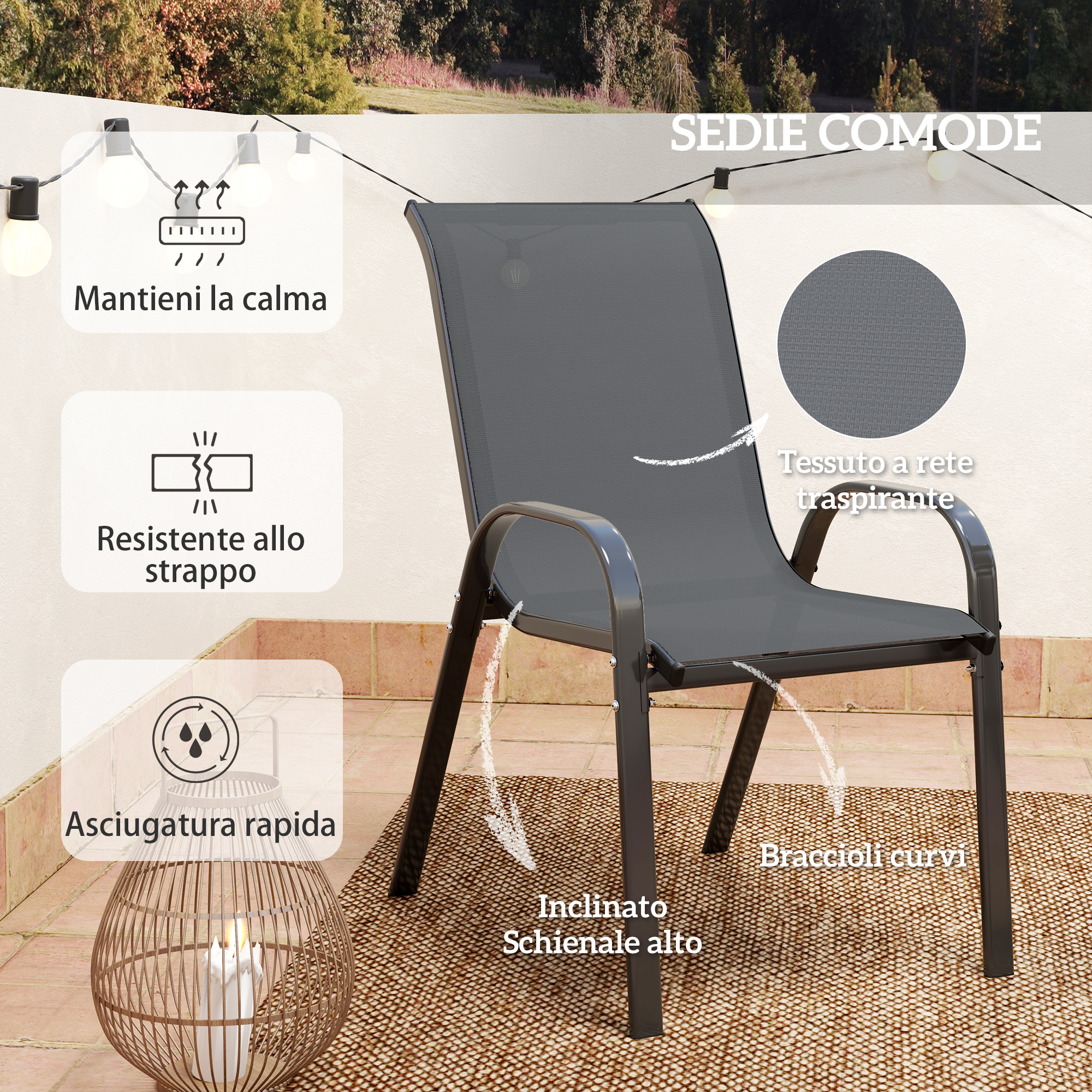 Una sedia in tessuto grigio con braccioli curvi siede su un tappeto da esterno.