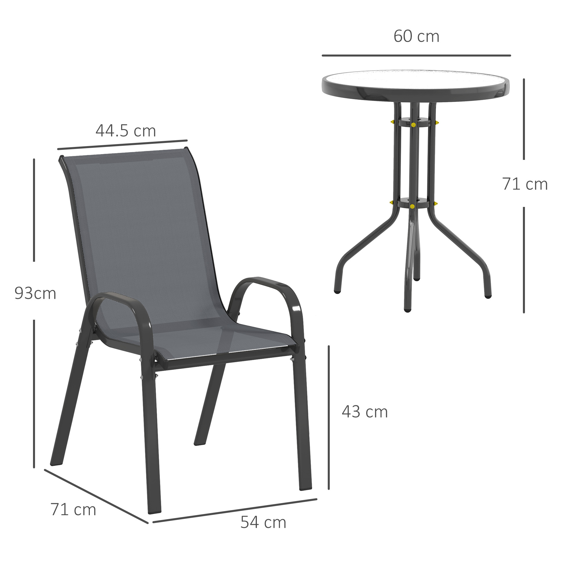 Una sedia grigia e un tavolo rotondo con dimensioni. La sedia è alta 93cm.