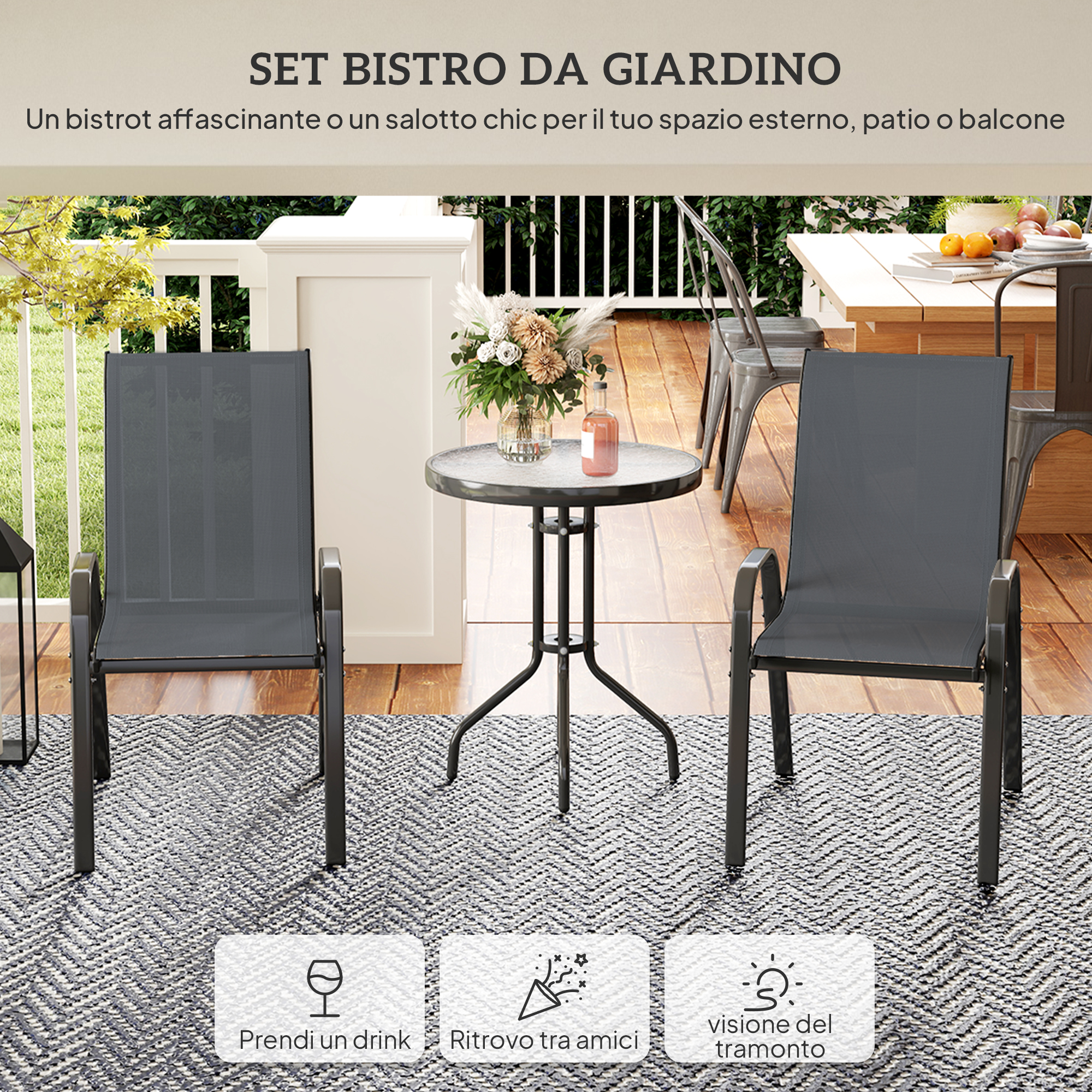 Un set da bistrò da giardino con due sedie grigie e un tavolo rotondo.
