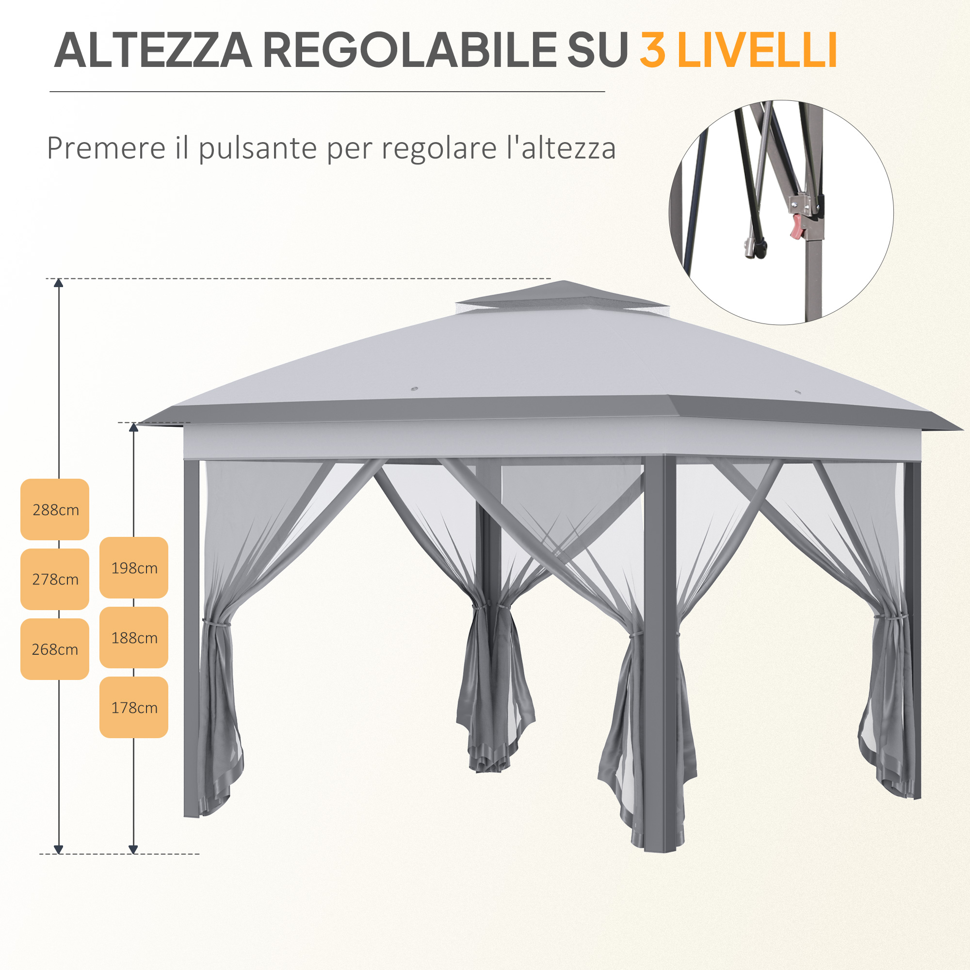 Gazebo grigio con altezza regolabile e tende laterali, dimensioni indicate.