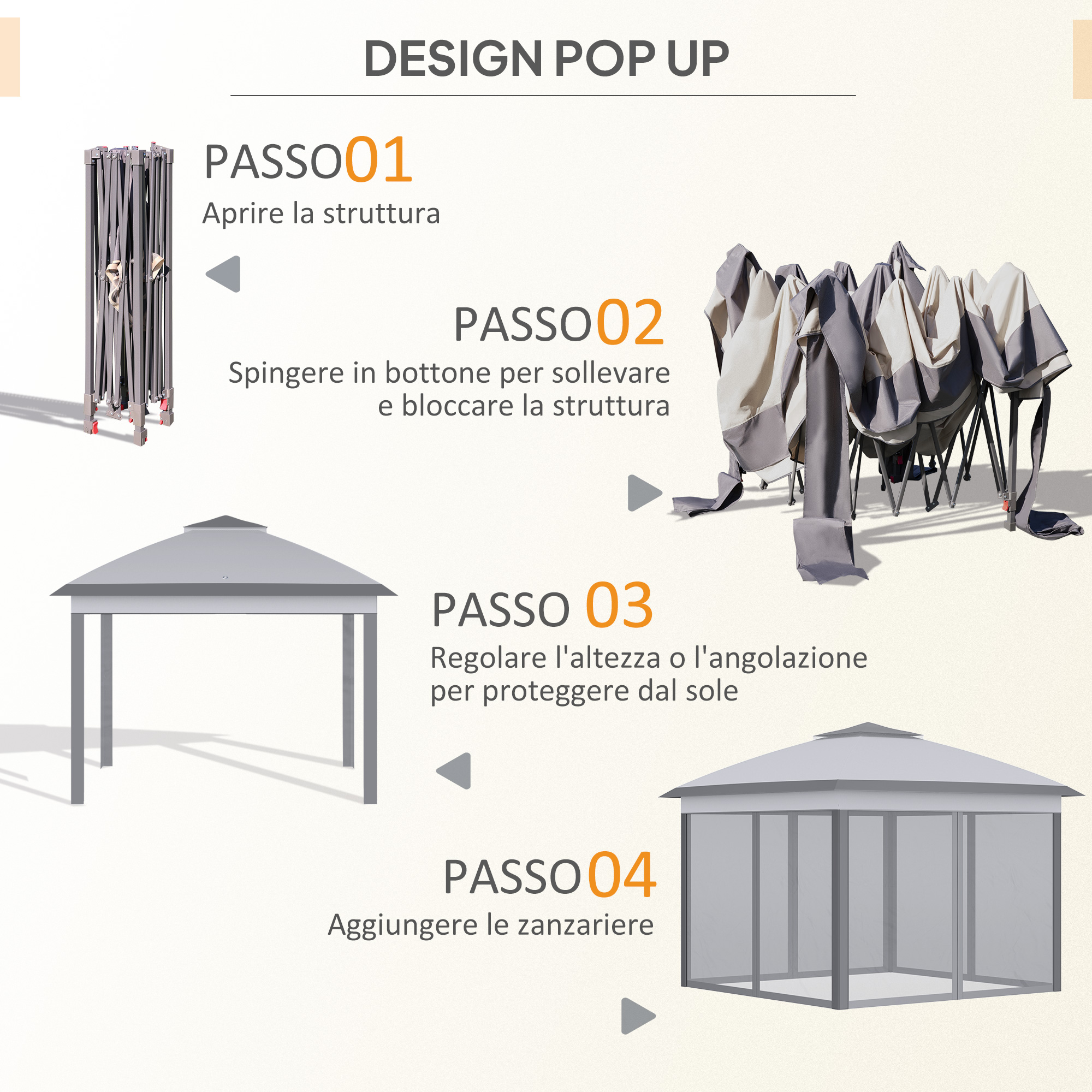 Illustrazioni mostrano il montaggio di un gazebo.