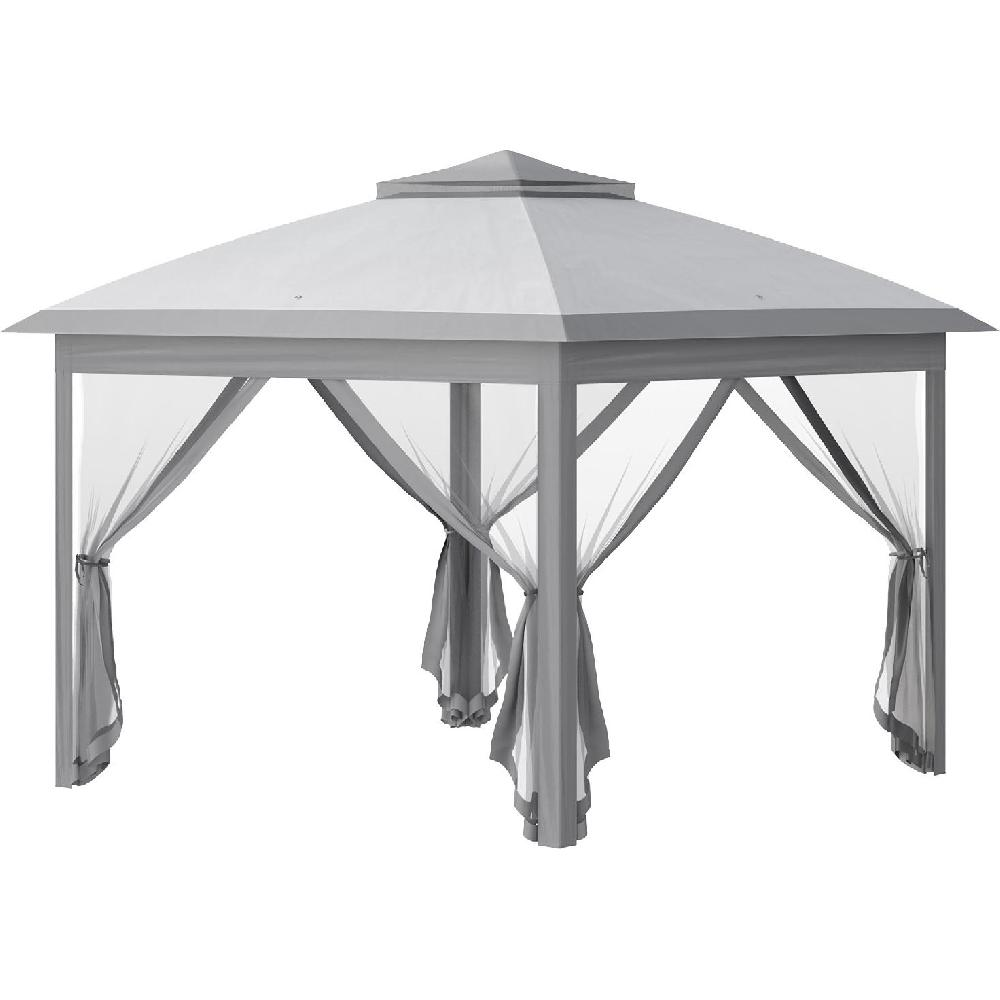 Un gazebo grigio con tetto bianco e tende trasparenti.