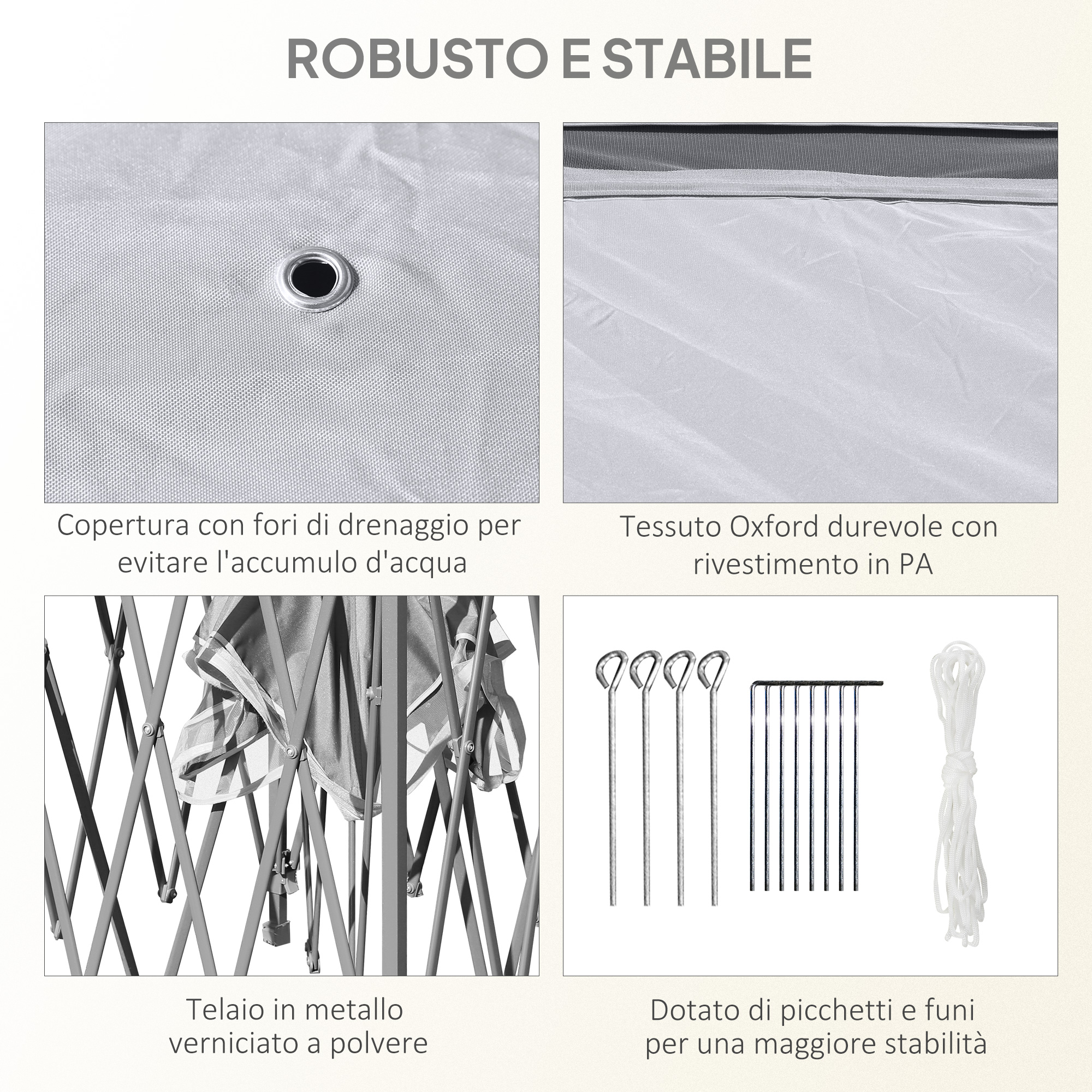 Dettagli: Copertura con fori di drenaggio, tessuto Oxford, telaio in metallo, picchetti e corda.