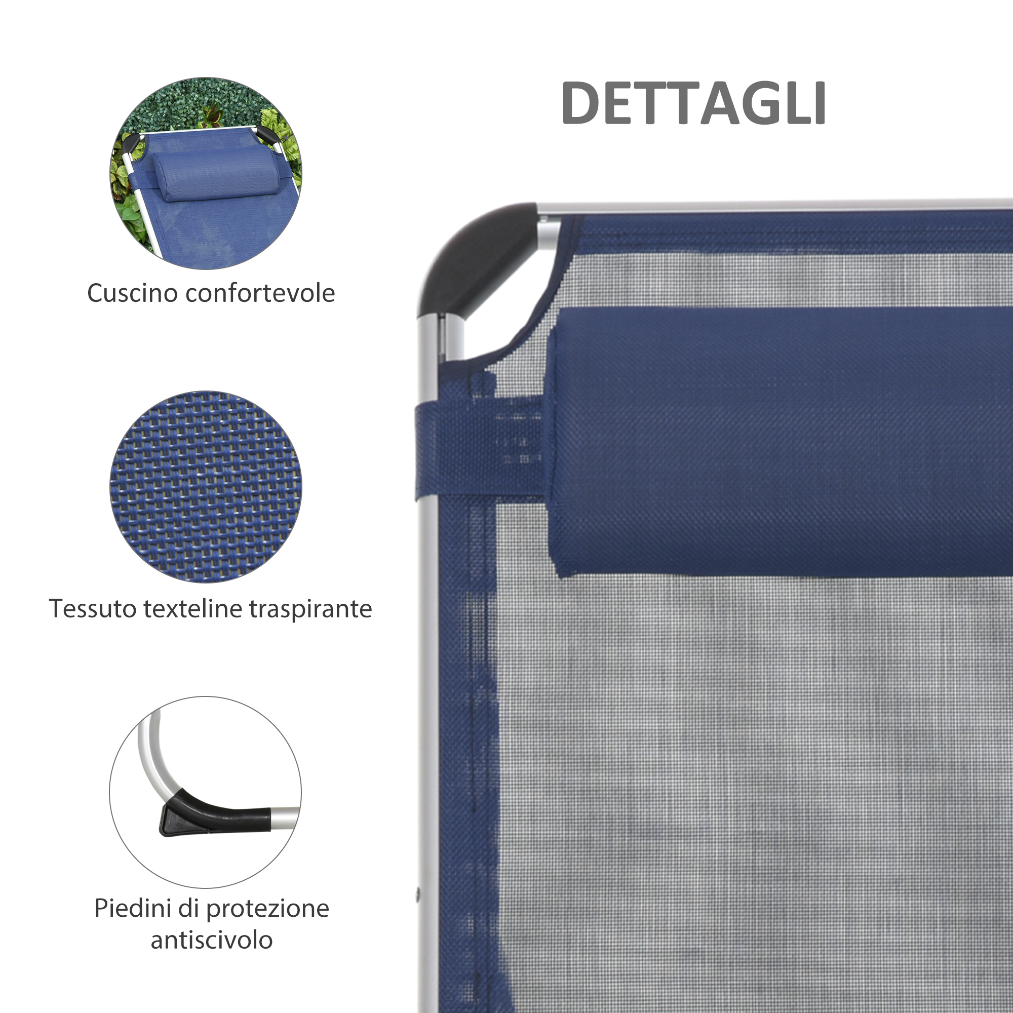 Sdraio blu con dettagli: cuscino, textilene traspirante, piedini antiscivolo.