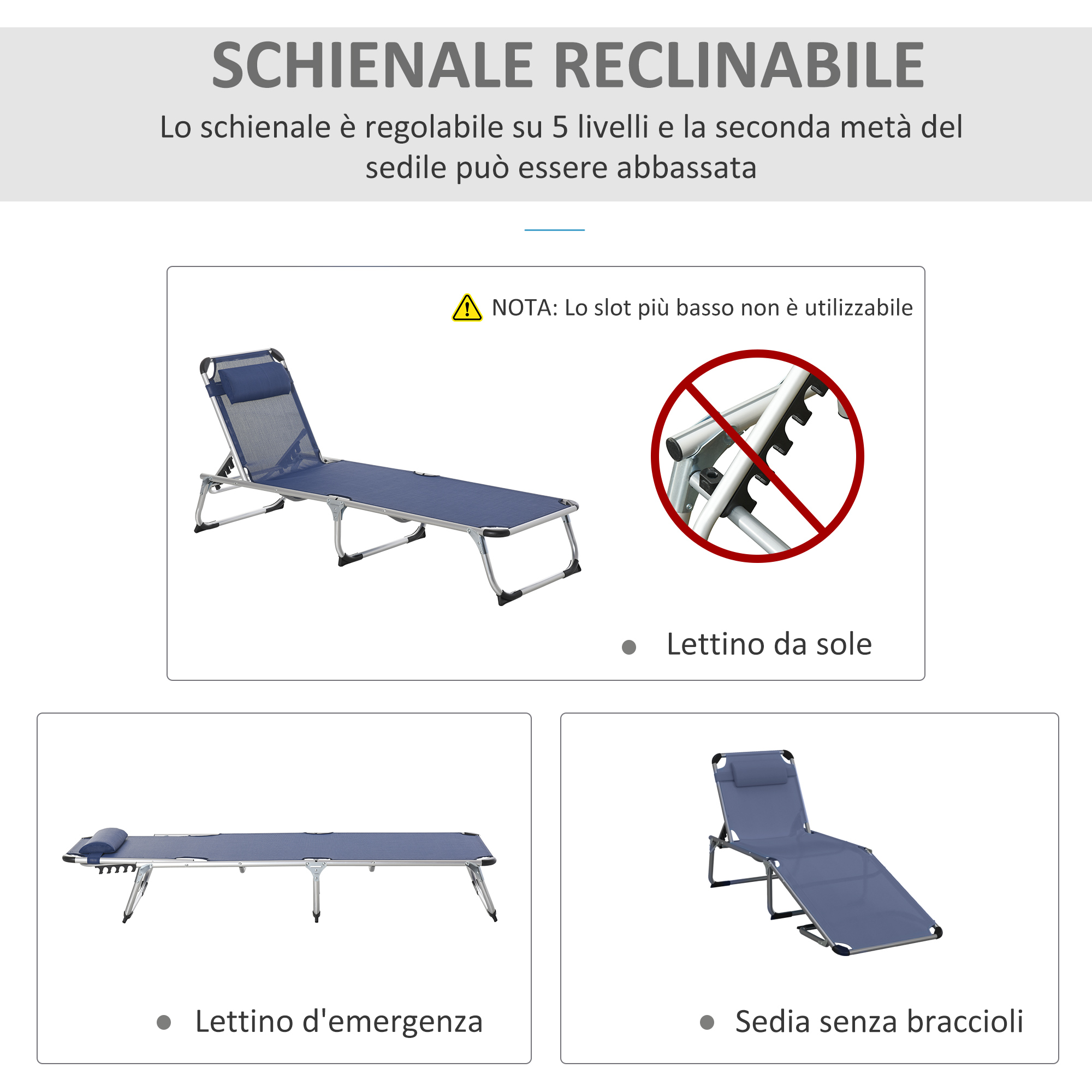 Lettino prendisole blu reclinabile, schienale e poggiatesta regolabili. Gambe pieghevoli.