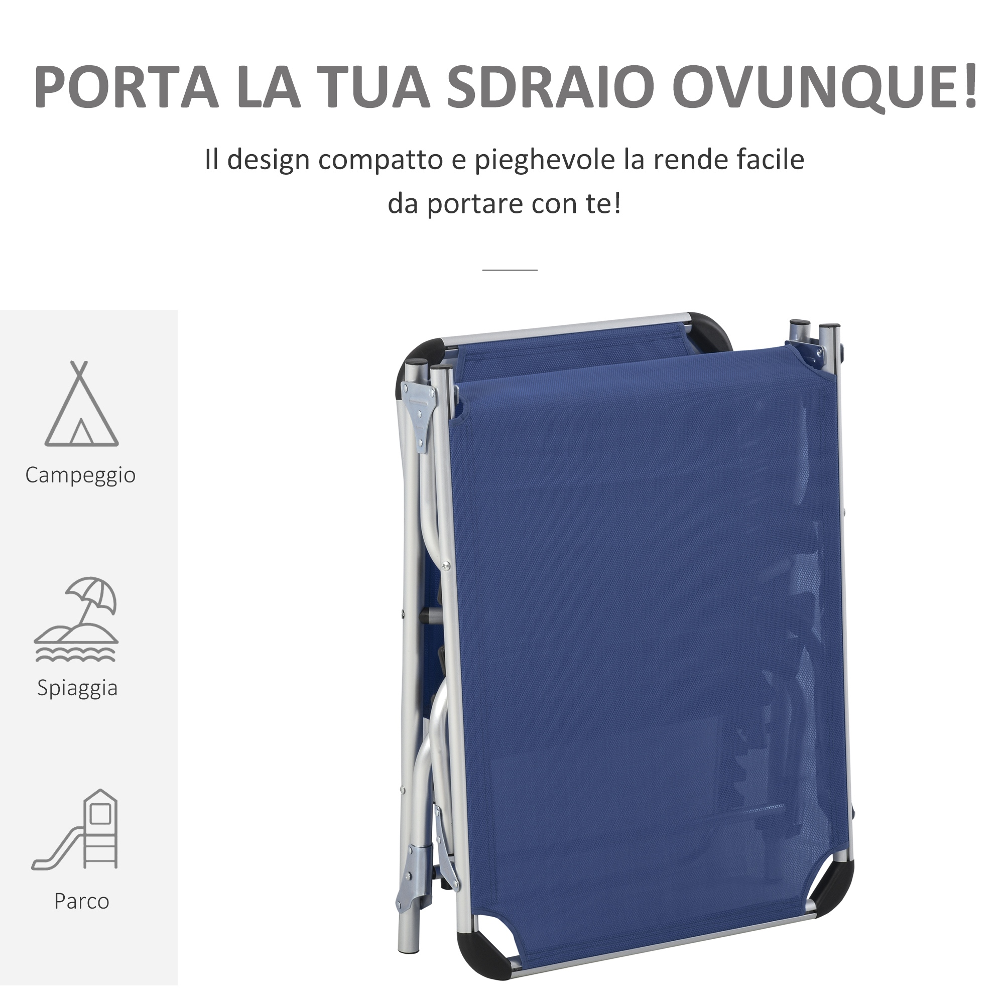 Una sdraio pieghevole blu con telaio argentato.