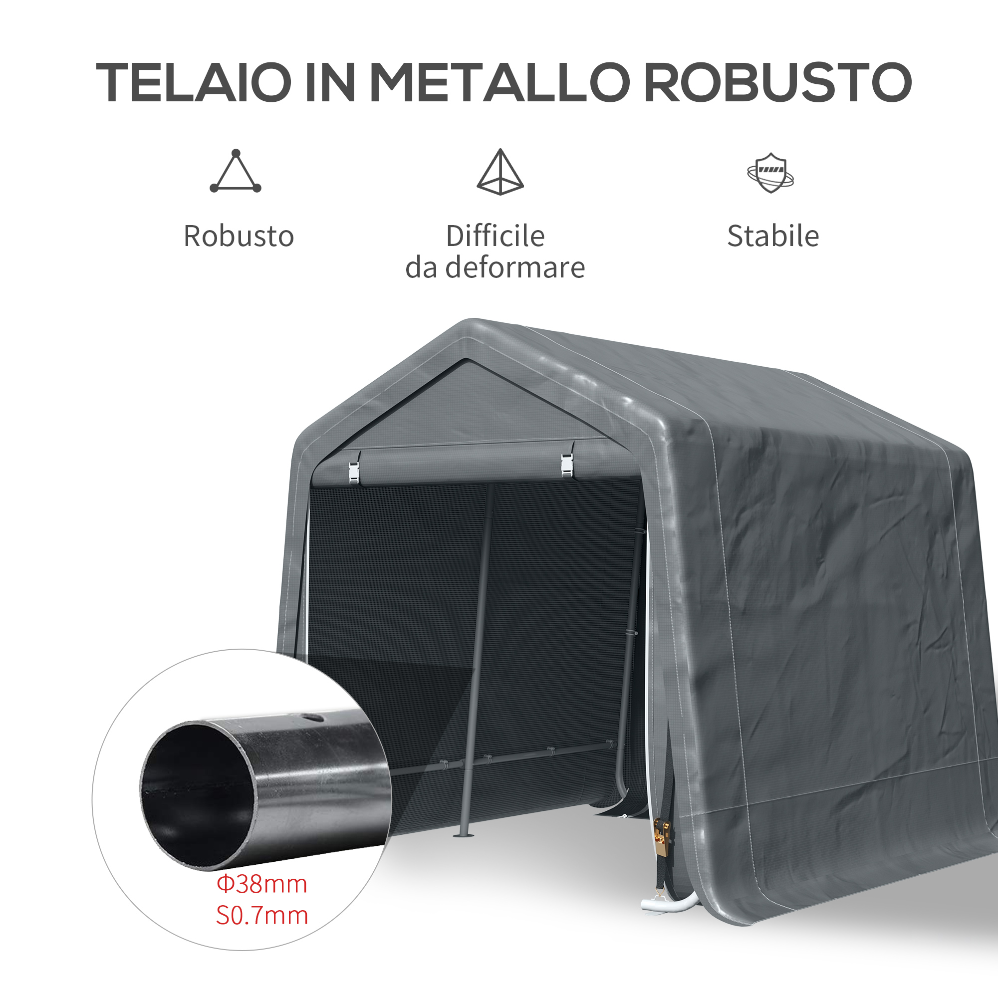 Tenda portaoggetti grigia con telaio in metallo. Dettaglio di un tubo.