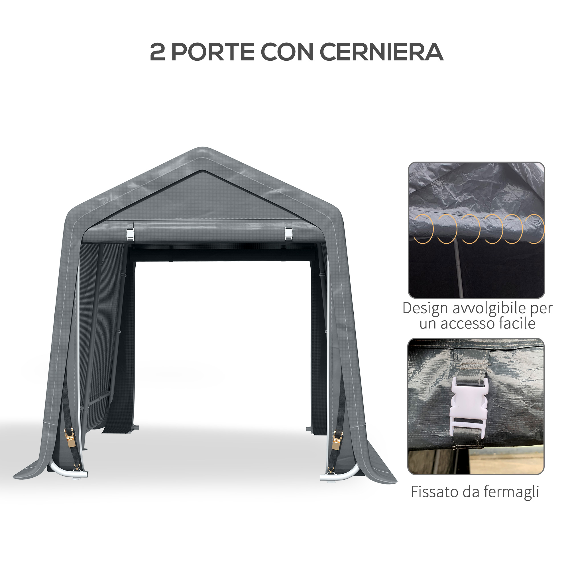 Capannone grigio con due porte e fermagli.