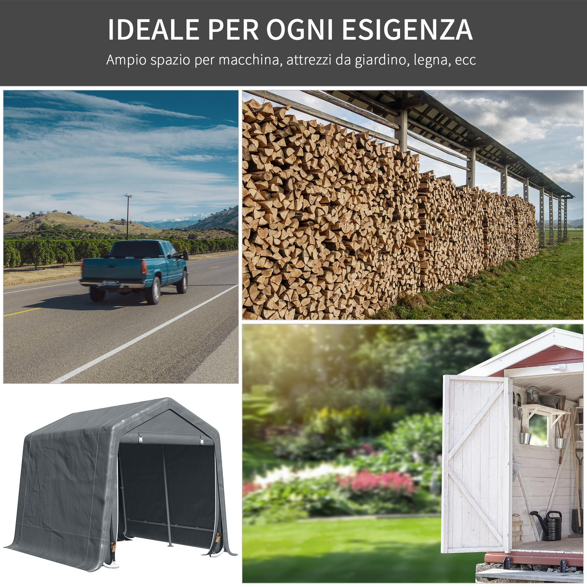 Un pick-up blu guida su una strada; legna da ardere impilata; un capanno; un paesaggio giardino.