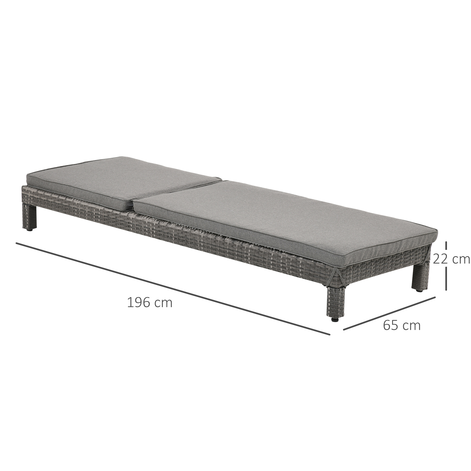 Lettino prendisole in rattan grigio con cuscini, 196x65x22 cm.