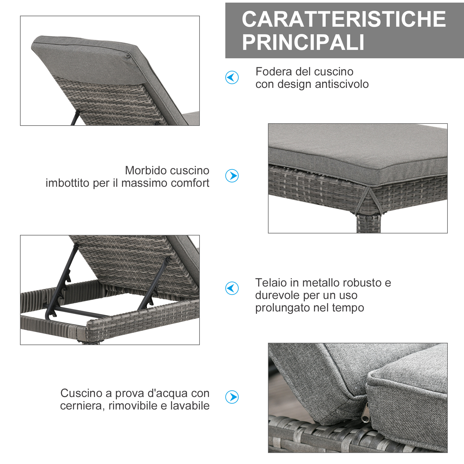 Lettino prendisole grigio in rattan con cuscini. Dettagli: cuscino, telaio.