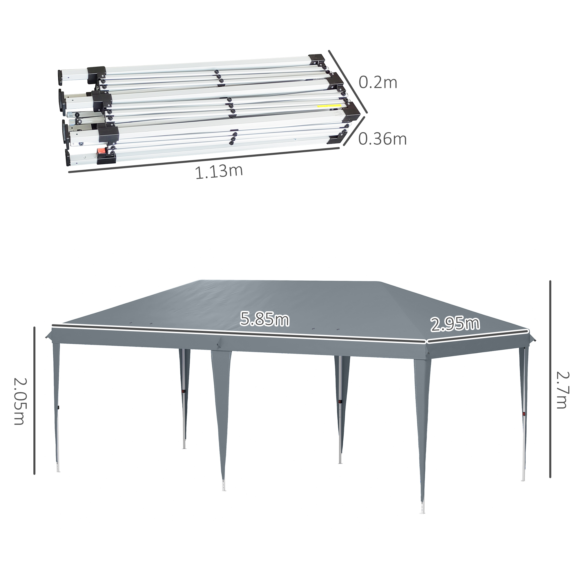 Struttura gazebo grigio piegata (1,13x0,36x0,2m) e gazebo grigio assemblato (5,85x2,95x2,7m).