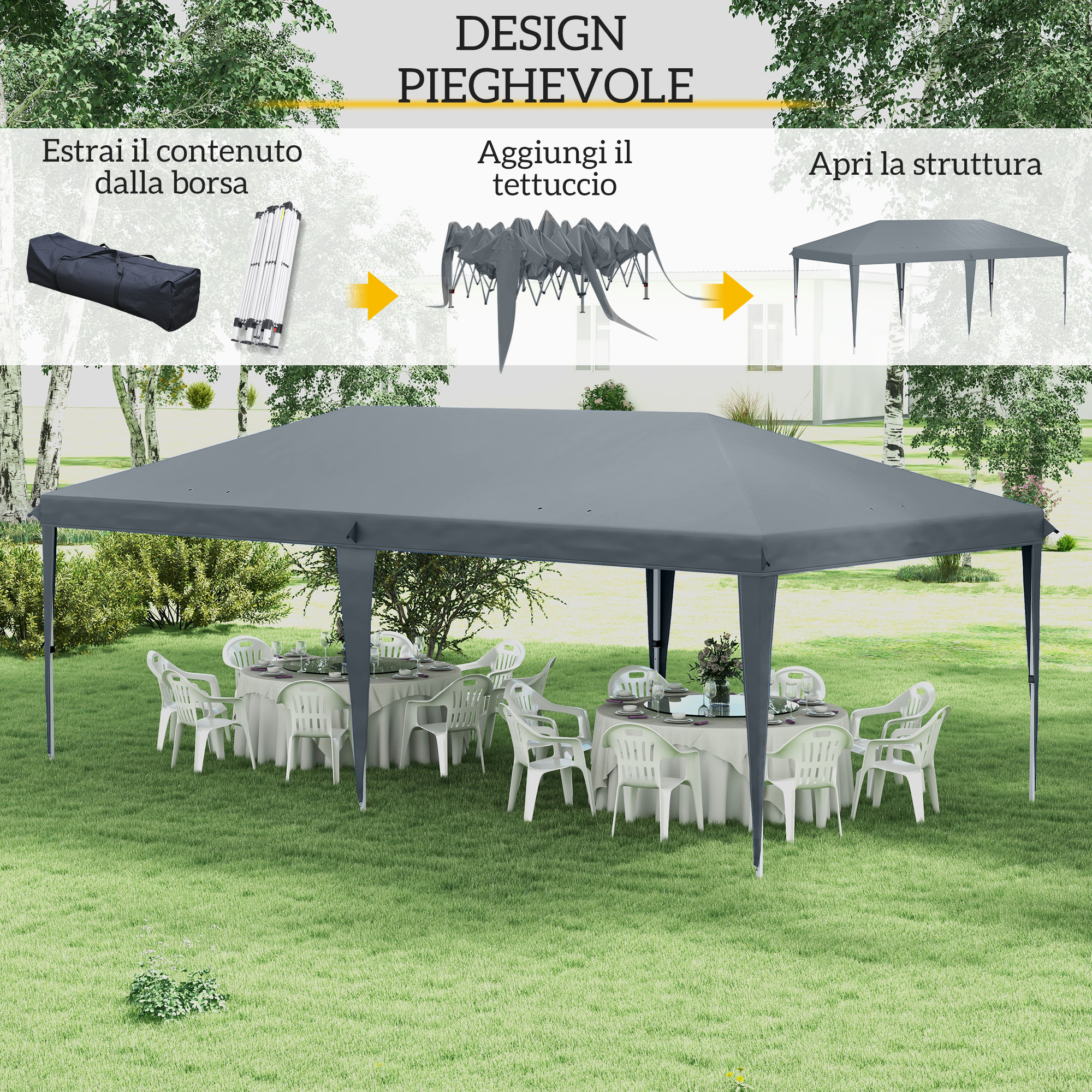 Gazebo grigio con tavoli e sedie all'aperto.